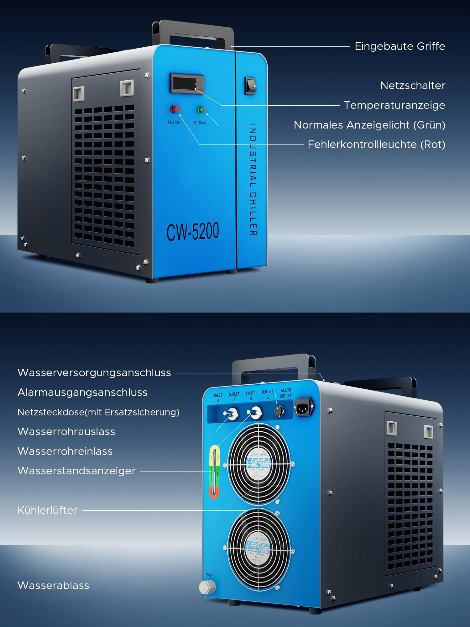 OMTech 6L Refrigeratore d'Acqua Industriale 0.68kW 10L/min CW-5200 Sistema di Raffreddamento ad Acqua per Macchine per Incisione e Taglio Laser CO2 da 60W-150W, Raffredda 5200 BTU/ora