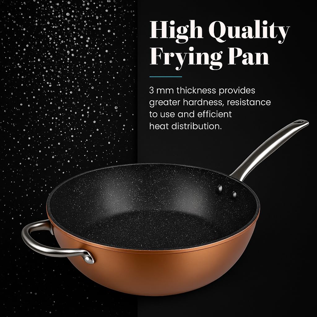 WECOOK! Professionele Honda-pan, gesmeed aluminium, 32 cm, inductie, ecologische antiaanbaklaag, zonder PFOA, 2,8 mm dik, roestvrijstalen handgreep, koperkleur, geschikt voor alle warmtebronnen