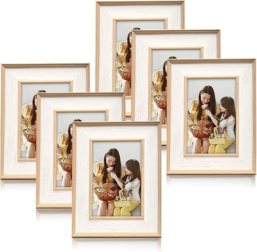 ArtbyHannah Paquete de 6 portarretratos rústicos de 4 x 6 pulgadas, marcos de fotos blancos envejecidos con vidrio de alta definición para