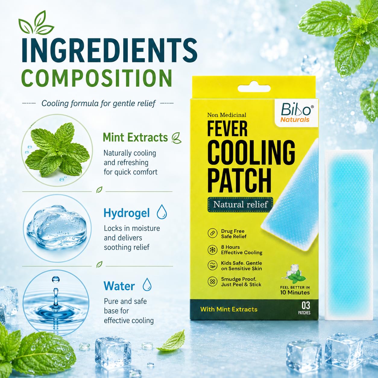 Bibo Fever Cooling Patch with Mint Extracts, Up to 8 Hours Cooling, Pack of 3 Patches — Amazon image 5