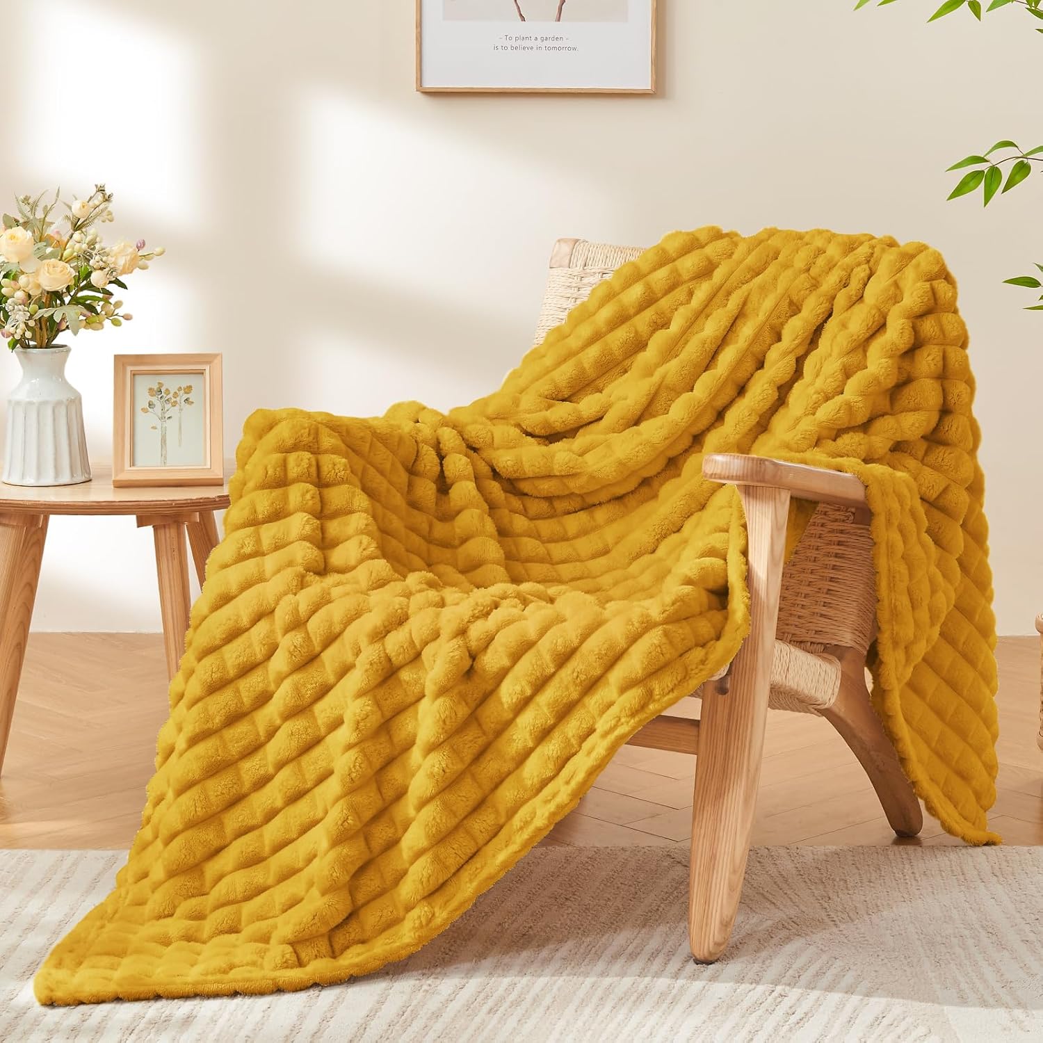 BEDELITE Mustard Yellow Throw Blanket for Couch and Bed- Super Soft and Warm 3D Checkered Fluffy Fuzzy Fleece Blanket, Luxurious Plush Cozy Blanket for Room Decor Spring, 50x60 inches