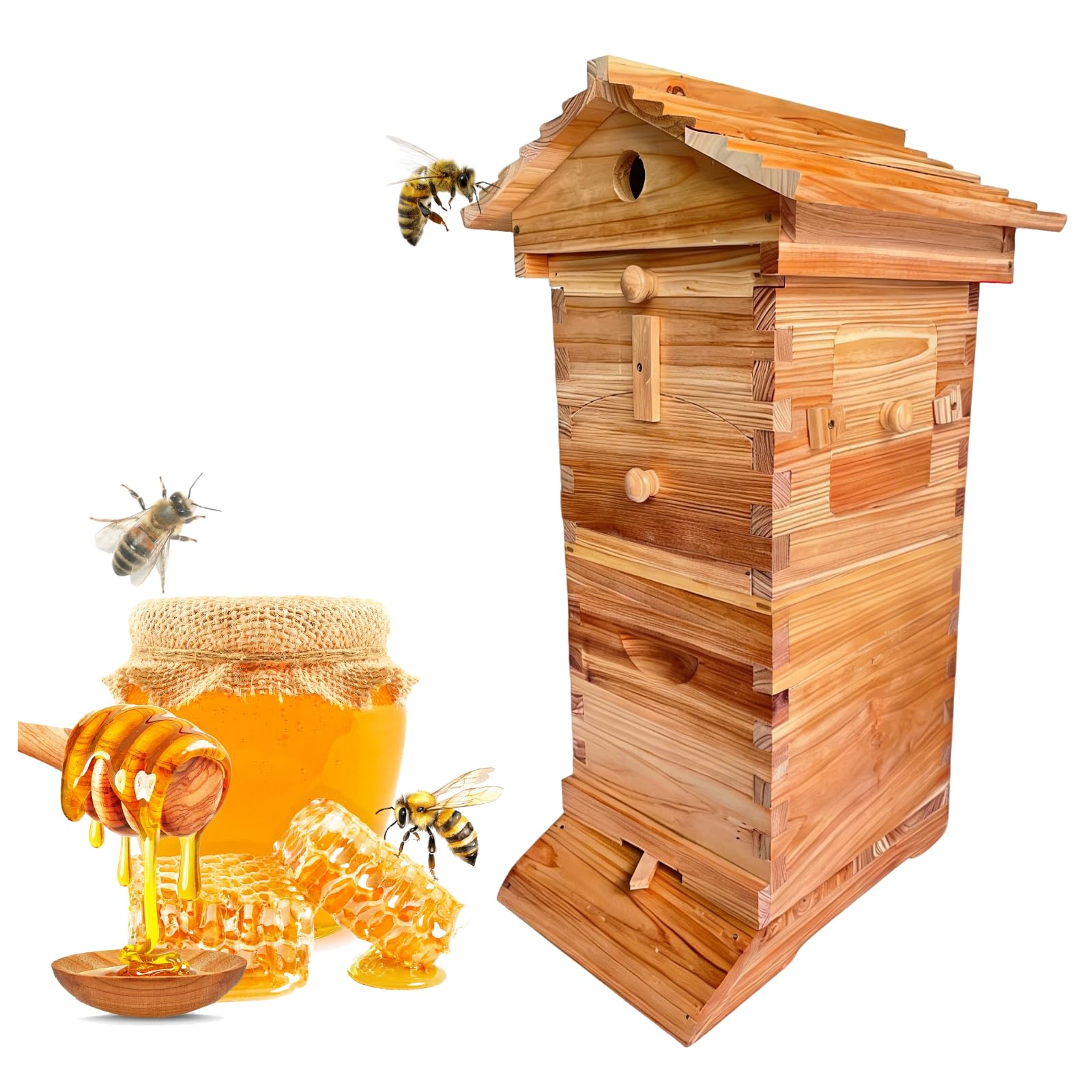 Beehive starter kit, self-flowing wooden beehive, with 6 brooder frames/observation windows/honey nozzles