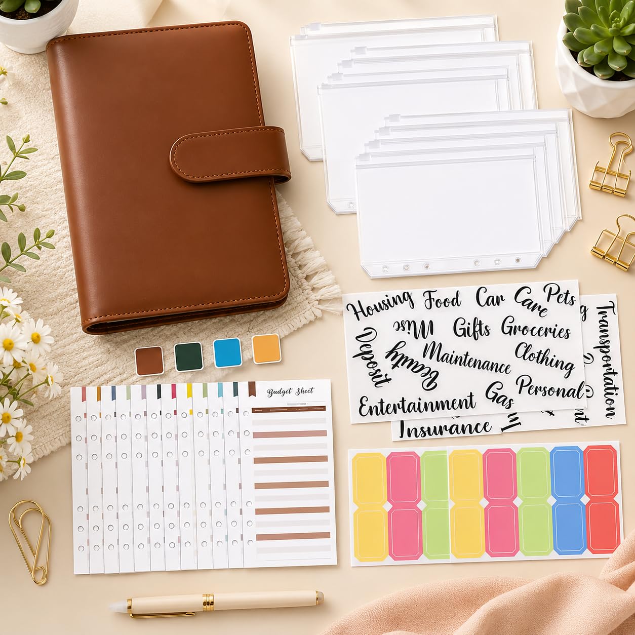 A6 Budget Binder Cash Envelope System, PU Leather Ring Binder with Zipper Money Envelopes, Budget Sheets, Expense Tracking Inserts, Savings Challenge Wallet & Financial Planning Book (Brown)-image-20