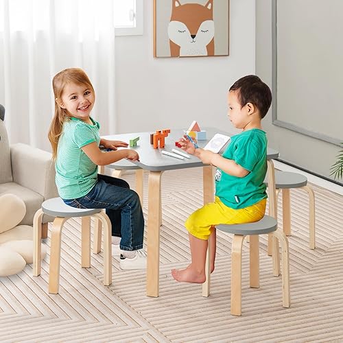Miniatura 2 de INFANS Juego de mesa y taburete de madera para niños, mesa de actividades de 5 piezas con 4 taburetes para niños pequeños, bloque de construcción,