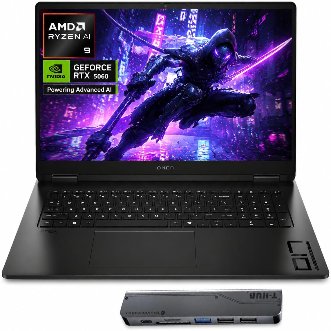 HP OMEN 17 5060 Ryzen AI 9 Gaming Laptop, AMD Ryzen AI 9 365, RTX 5060, 17.3″ FHD IPS 144Hz 100% sRGB, 32GB DDR5, 1TB SSD, RGB Backlit KB, Low Blue Light, HDMI, Windows 11 Home, Bundle 7 in-1 T-Hub