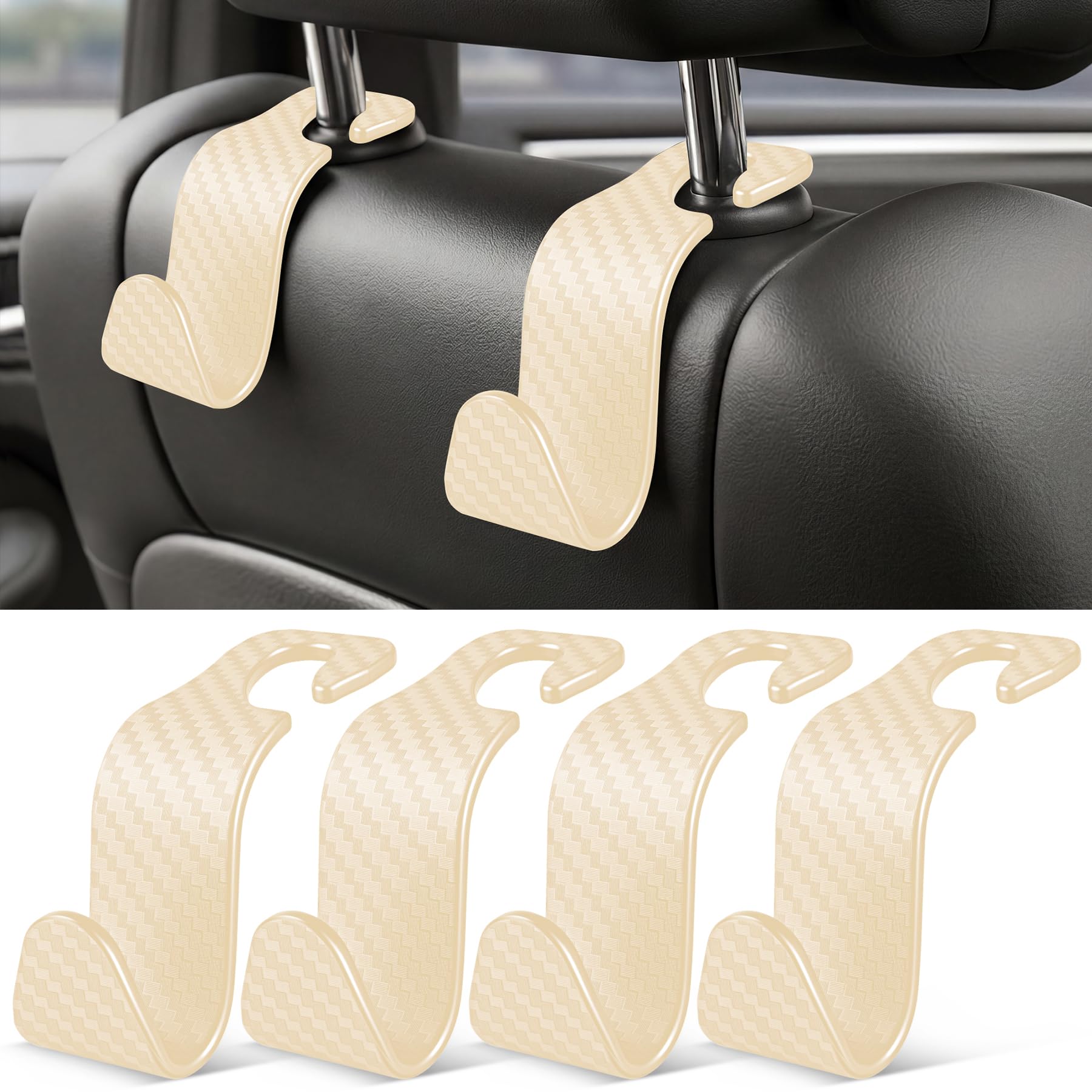 SINGARO Universal 4 Pack Car Seat Headrest Purse Hook, Carbon Fiber Back Seat Hook Storage Organizer Hanger for Purse Handbag Coat, Car Interior Accessories(Beige)