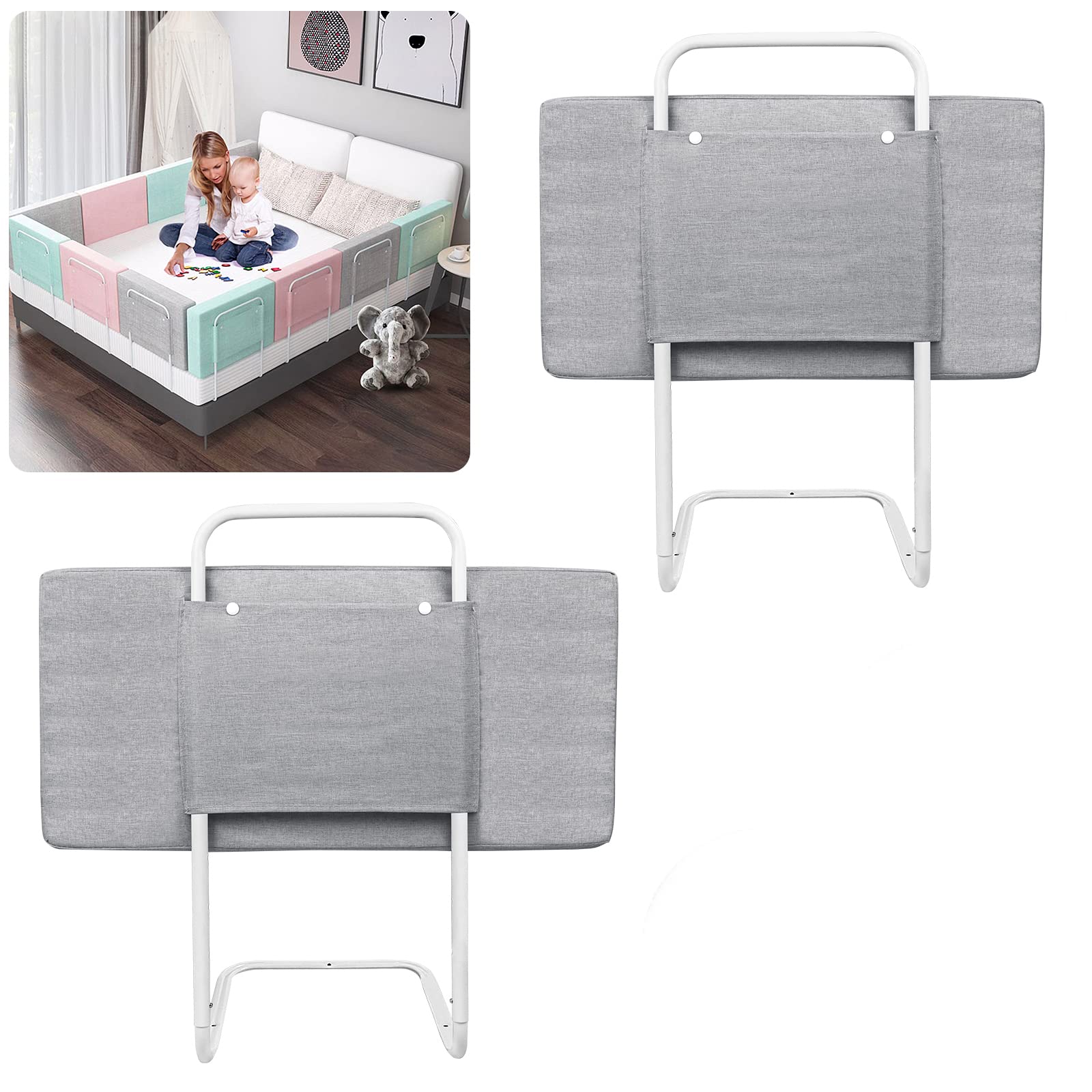 2 Sponde Letto Bambù, 60x28 Cm, Regolabili 40-60 Cm, Protezione Caduta, 0-36 Mesi, Tessuto Lino, Grigio/verde