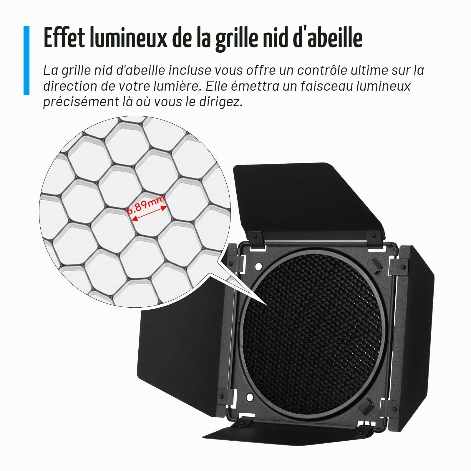 Godox BD-04 Barn Door Barndoor Kit avec grille en nid d'abeille 4 filtres en gel de couleur pour réflecteur standard de 7 pouces de rechange pour GODOX SL60W SL150II SK400II Studio Light Portrait