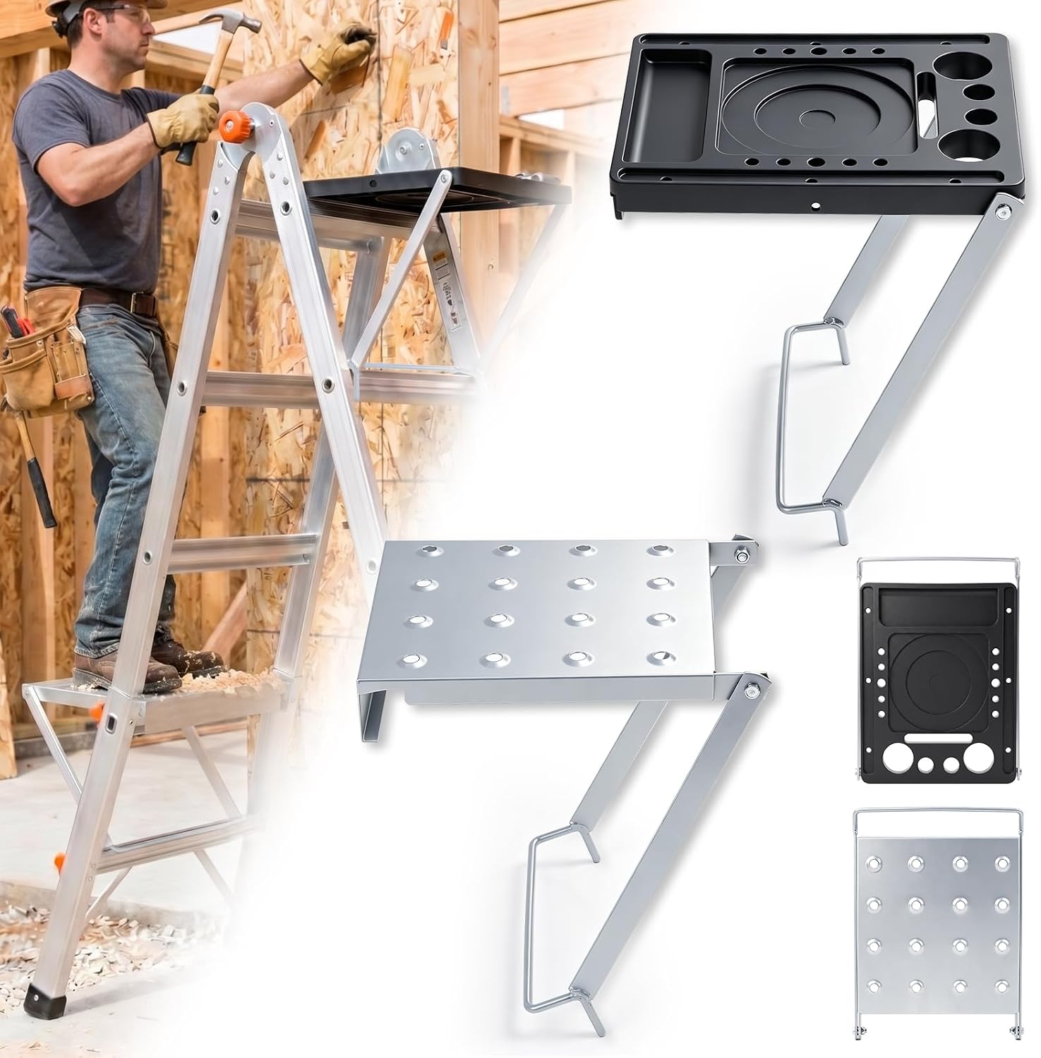 2 Pcs Ladder Platform for Standing Storage Set 400 Lbs Heavy Duty Ladder Work Platform Tool Foldable Anti-slip Ladders Platforms Tool Accessory Stable Surface Paint Step Attachment Project Tray