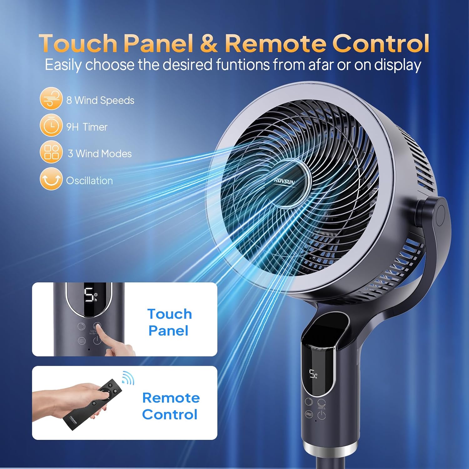 ROVSUN 43inch Standing Fan for Bedroom, 90°+90°Omni-directional Oscillating Fan, 3-in-1 Pedestal & Tabletop Fan with 3 Modes, 8 Speed, 9H Timer, Remote and Adjustable Height, Air Circulator, Dark Grey
