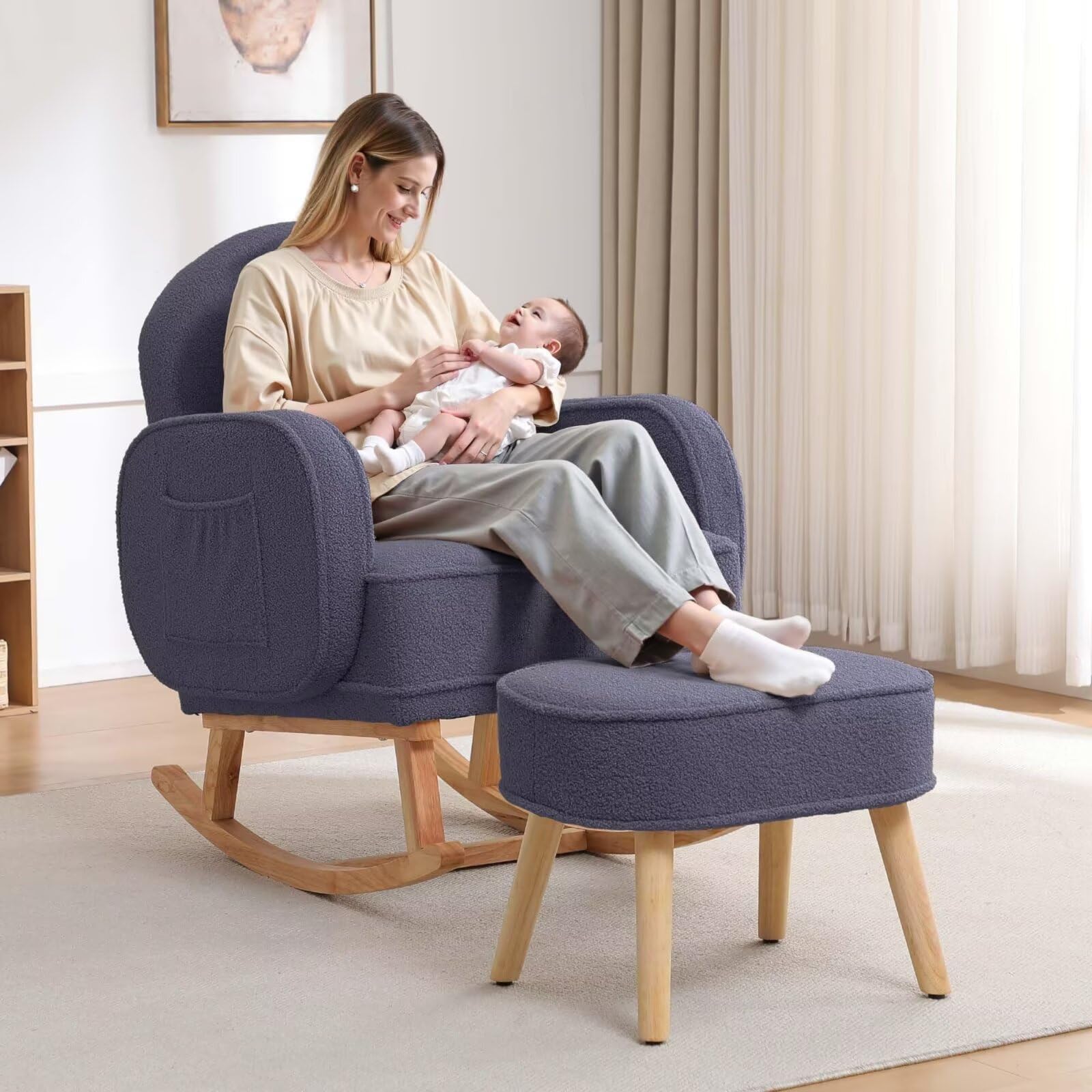 Nursery Rocking Chair with Ottoman, Upholstered Glider Rocker with High Backrest and Side Pocket, Rocking Accent Armchair with Solid Wood Legs for Nursery, Living Room, Bedroom Dark Grey