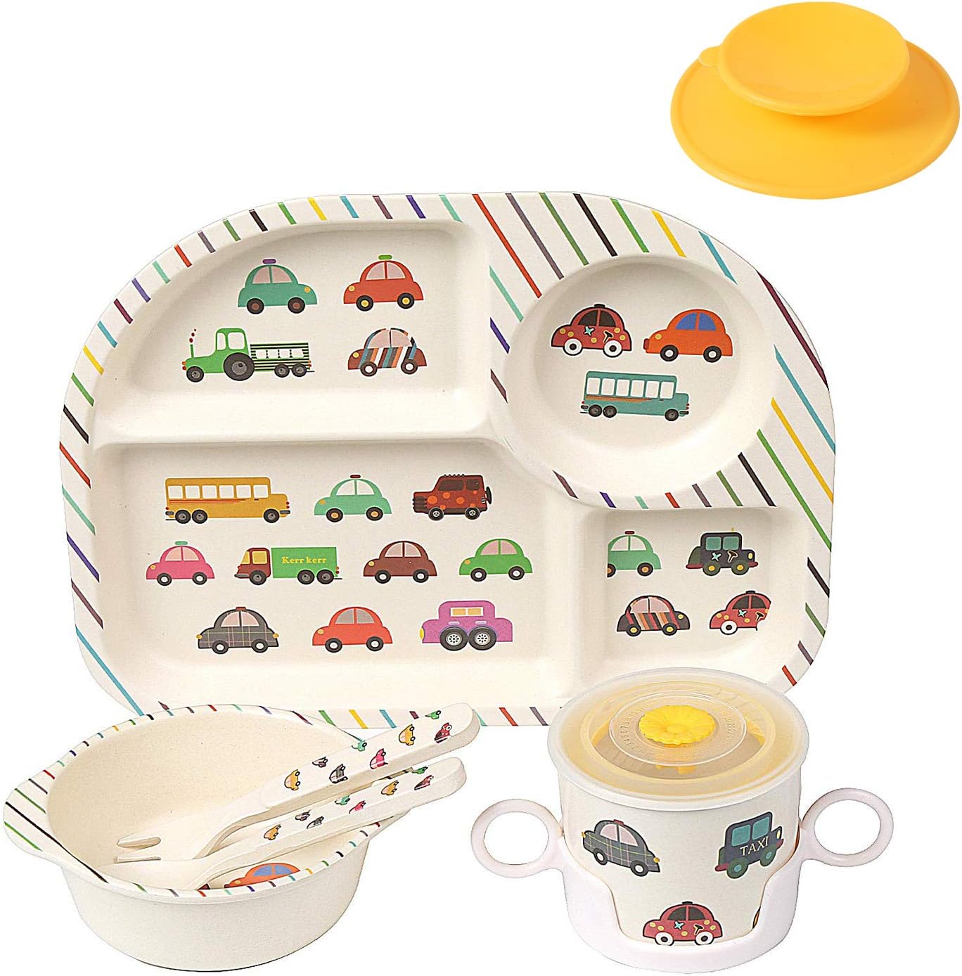 shopwithgreen 7Pcs/Set Bamboo Kids Dinnerware Set - Children Dishes - Food Plate Bowl Cup Spoon Fork Set Dishware, Cartoon Tableware, Dishwasher Safe Kids Healthy Mealtime, BPA Free