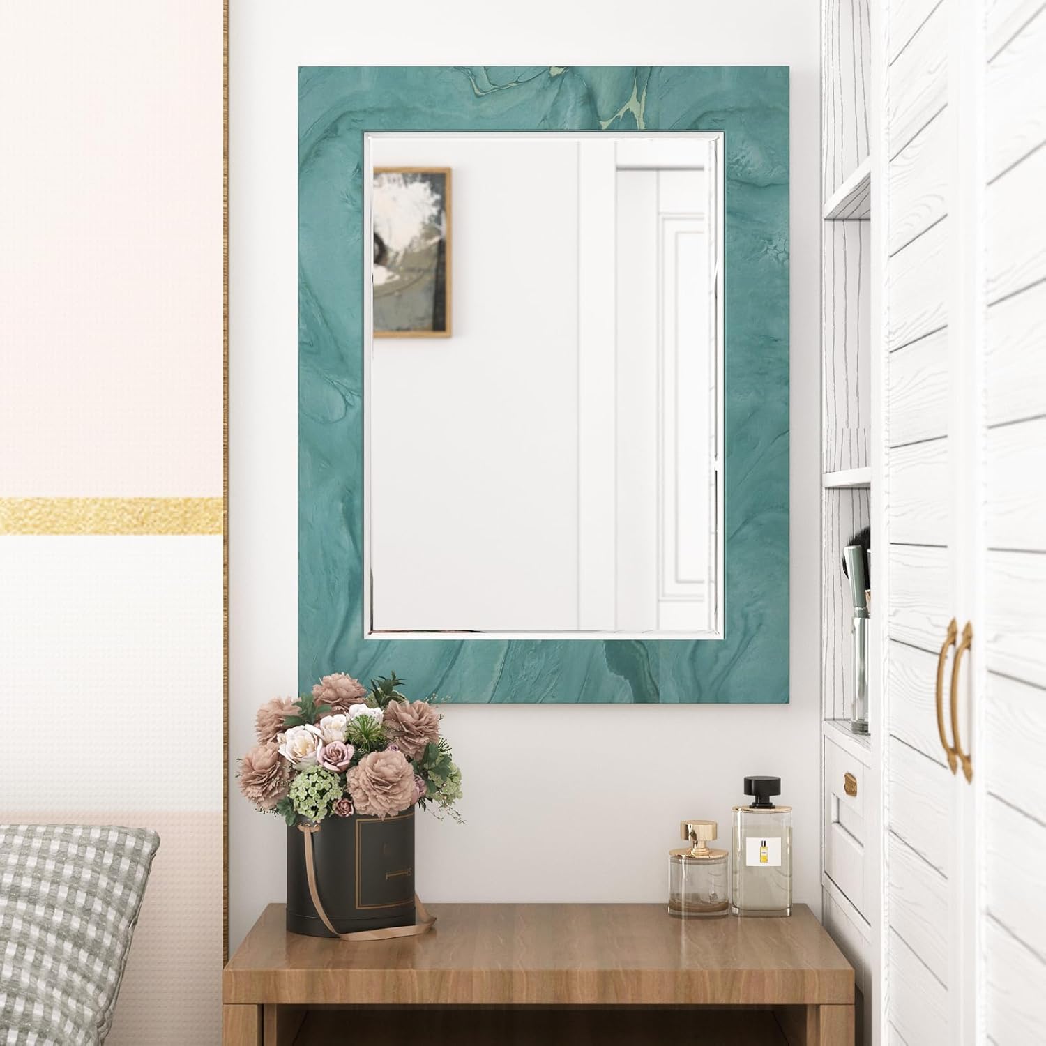 Wallercity Marble Teal Peel and Stick Wallpaper Border Stickers Matte Blue/Green Wall Paper Border for Bathroom Kitchen Wallpper Borders for Floor Vinyl Waistline Film for Wall Corners 3.94''x394''