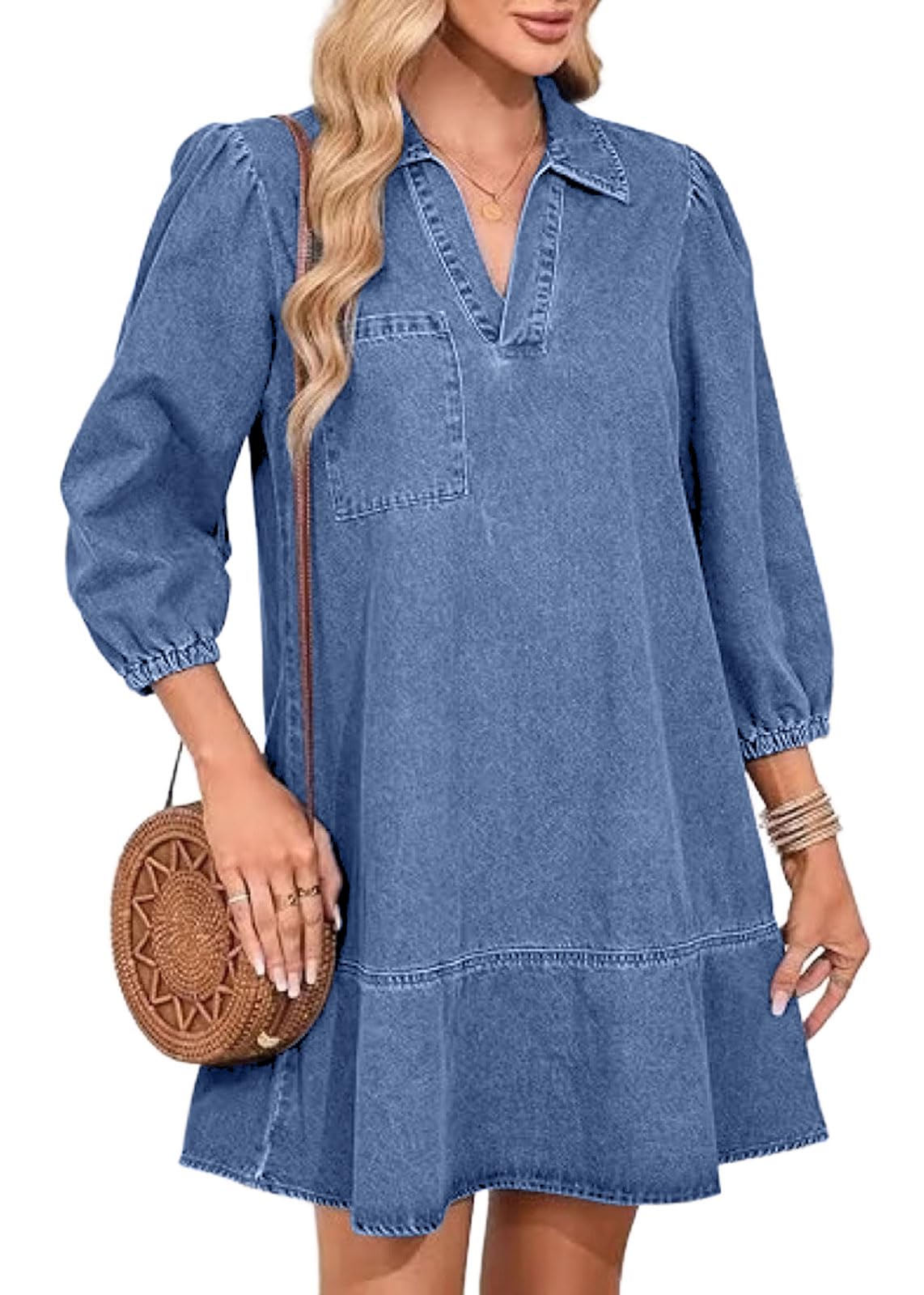 yoeasy Women's 3/4 Puff Sleeve V Neck Denim Dress Fashion Fall Casual Loose Fit Babydoll Jean Shirt Dresses