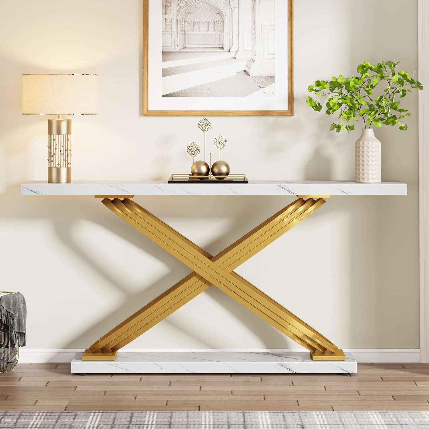 Tribesigns Consolle Ingresso,Tavolo Consolle in Marmo Moderno Bianco e Oro,Telaio in Metallo, 140 x 33 x 80 cm Tavolo d'ingresso alto e stretto,per Soggiorno, Corridoio (Bianco)