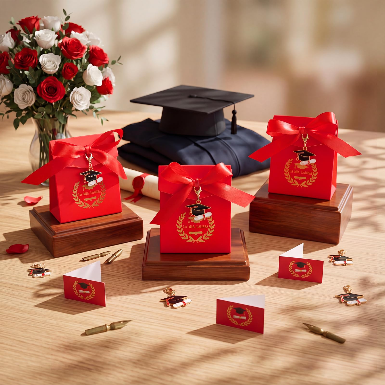 BBTO 50 Sets Recuerdos de Graduación 50 Llaveros de la Suerte 50 Cajas 50 Etiquetas para Recuerdos de Graduación 1 Cinta de Regalo Para Fiestas Ceremonias Hombres Mujeres