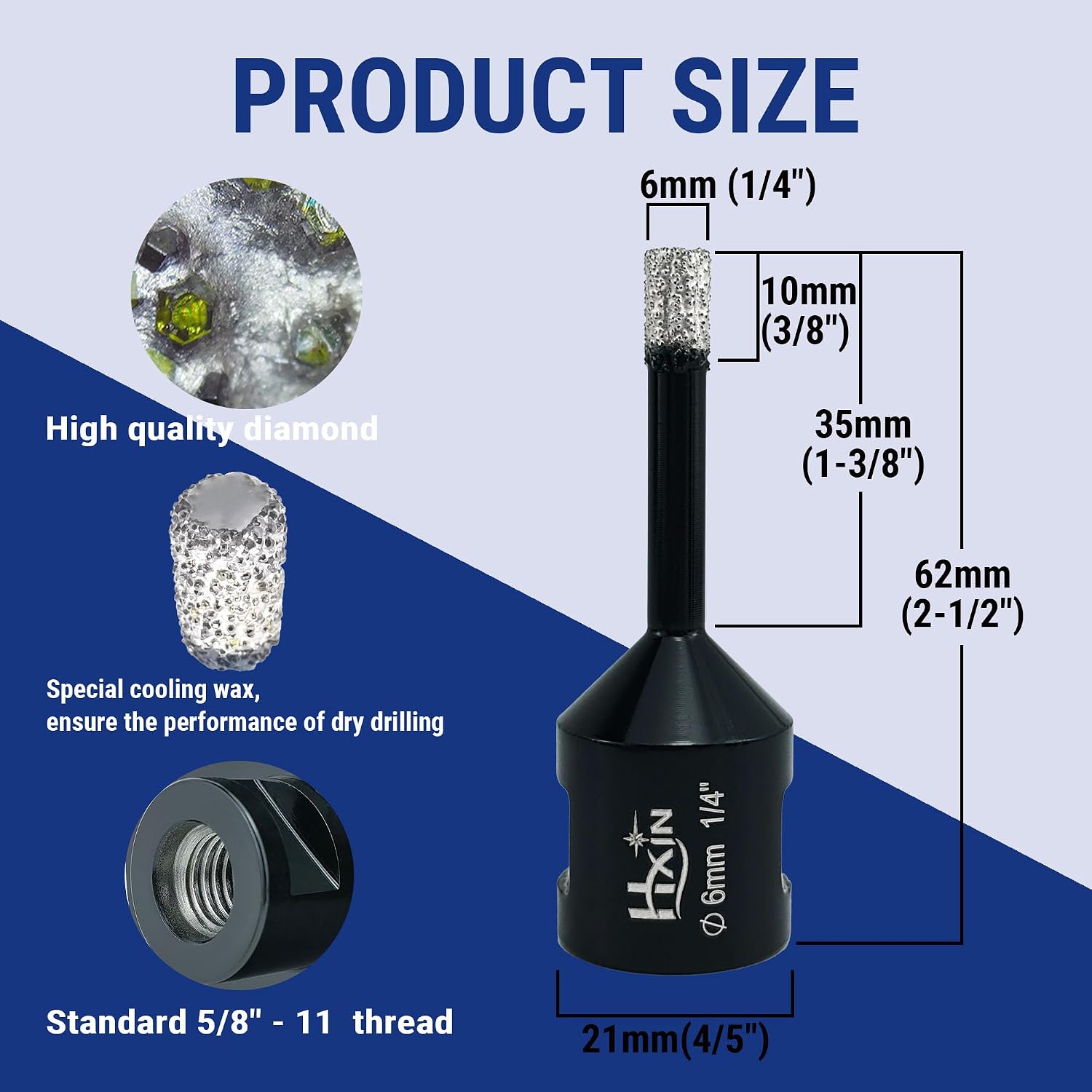 Brazed Diamond core Drill bit with 5/8"-11 Diamond Hole Saw for Dry or Wet Drill on Hard Porcelain Ceramic Tile Granite Marble Masonry Used on Universal Angle Grinder 6mm (1/4")