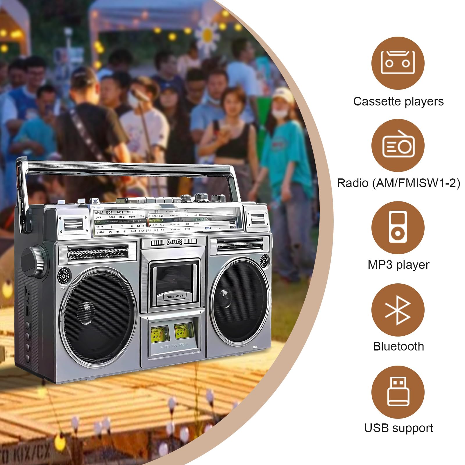 Retro Kassetten Boombox, Street Bluetooth Boombox Kassettenspieler,80s Style Retro Tragbarer AM/FM-Radio-Kassettenrekorder,unterstützt SD/USB-Eingang, für Familientreffen Reisen