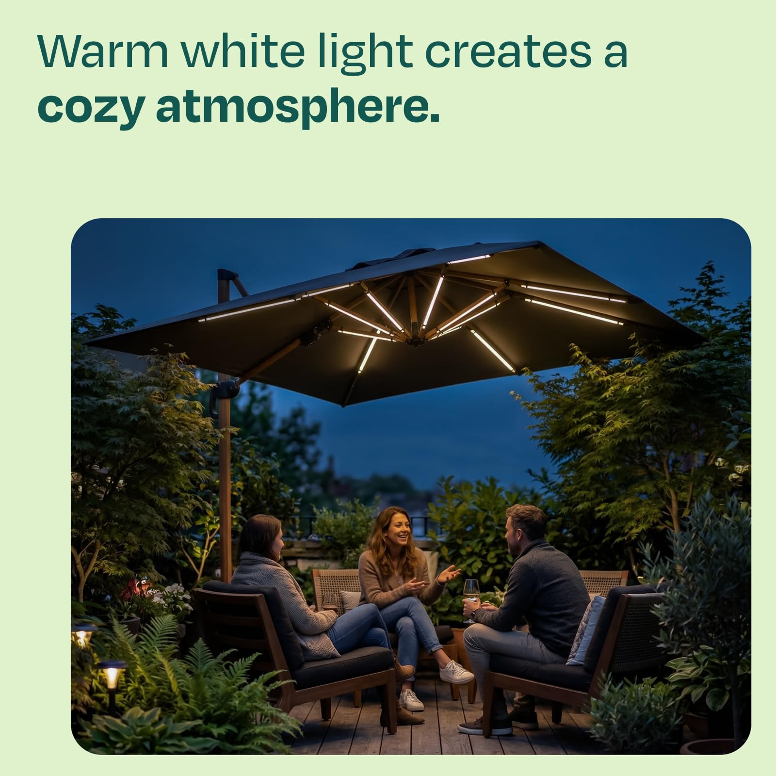 VONROC Oświetlenie LED Parasol z akumulatorem – 15 taśm LED, bateria 2600 mAh, oświetlenie zewnętrzne do ogrodu, na taras, kemping GP855AA