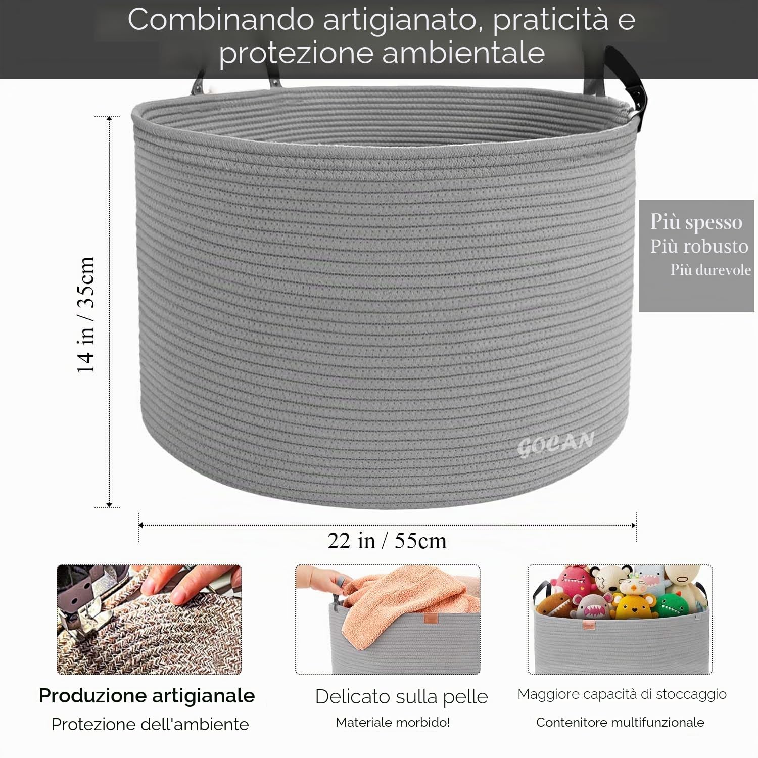 GOCAN XXXL Cesto Portaoggetti, Cesto Grande, Cesto per Biancheria in Corda di Cotone, Cesto per Biancheria per Coperte, Cuscini nel Soggiorno, Vestiti Giocattoli nella Cameretta dei Bambini, grigio