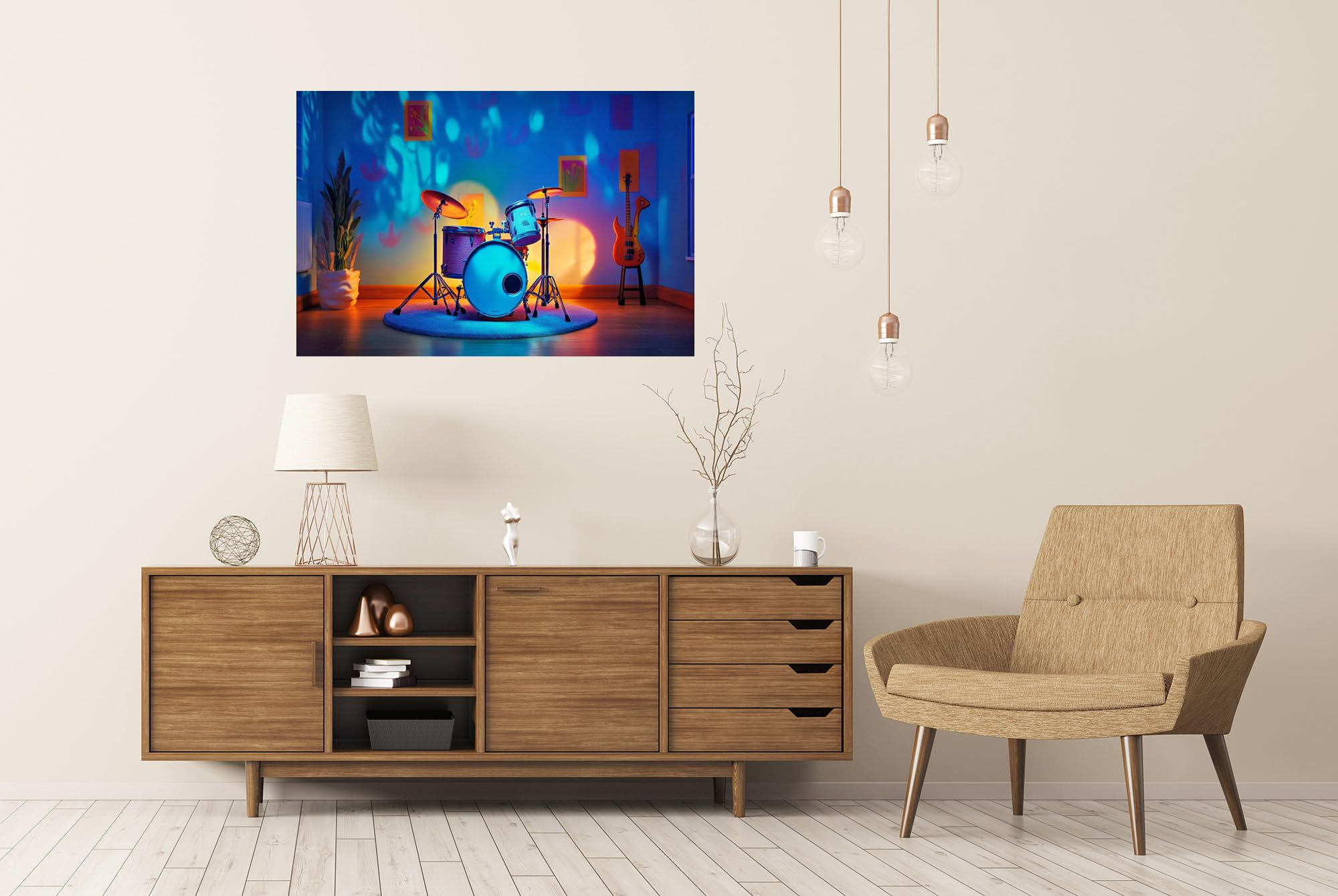 islandburner Prime XXL - Poster con batteria e chitarra con illuminazione colorata per camera musicale, musicista, negozio di musica, immagini di alta qualità