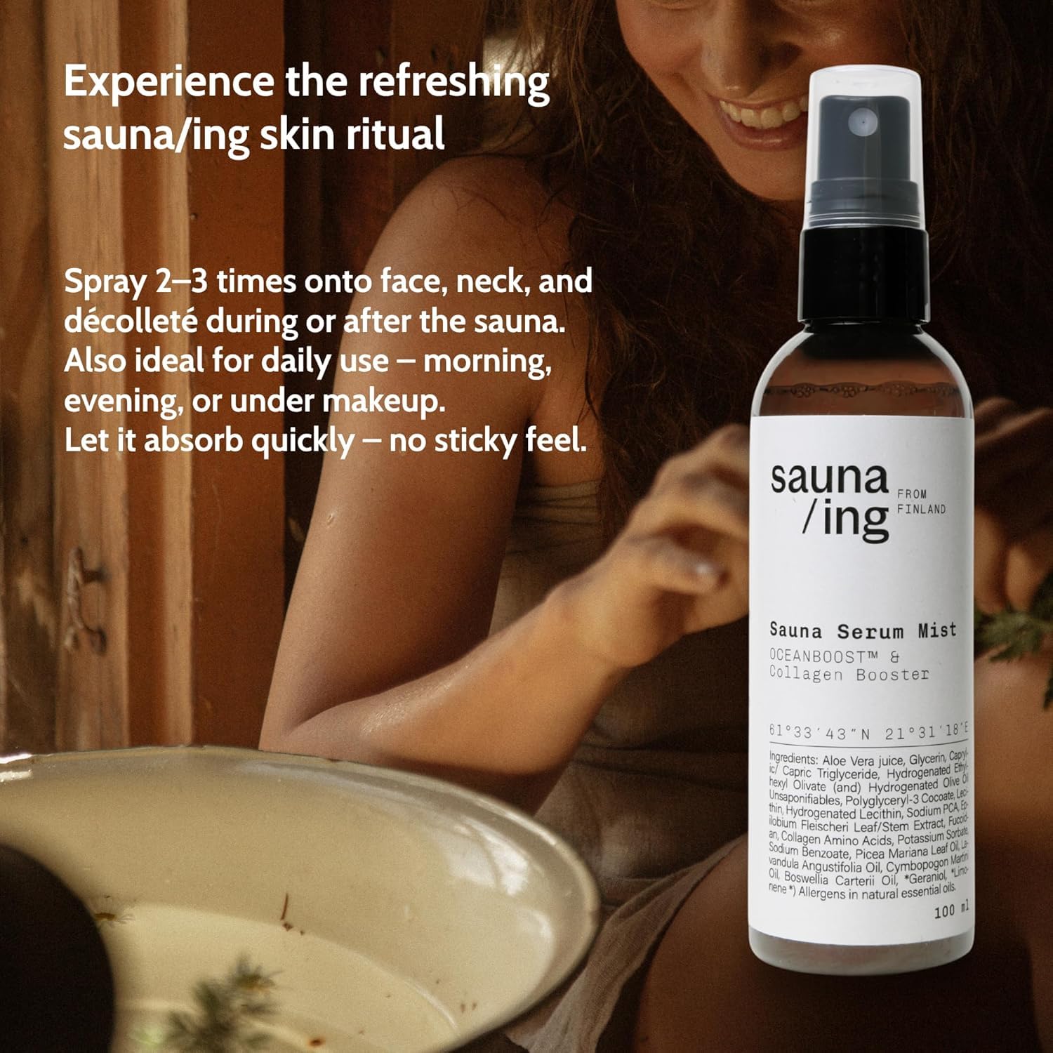 Sauna Serum Mist – Spray viso dopo la sauna con OCEANBOOST™ & collagene Booster – Idratante, rinfrescante e ad assorbimento rapido – Cura della pelle vegana
