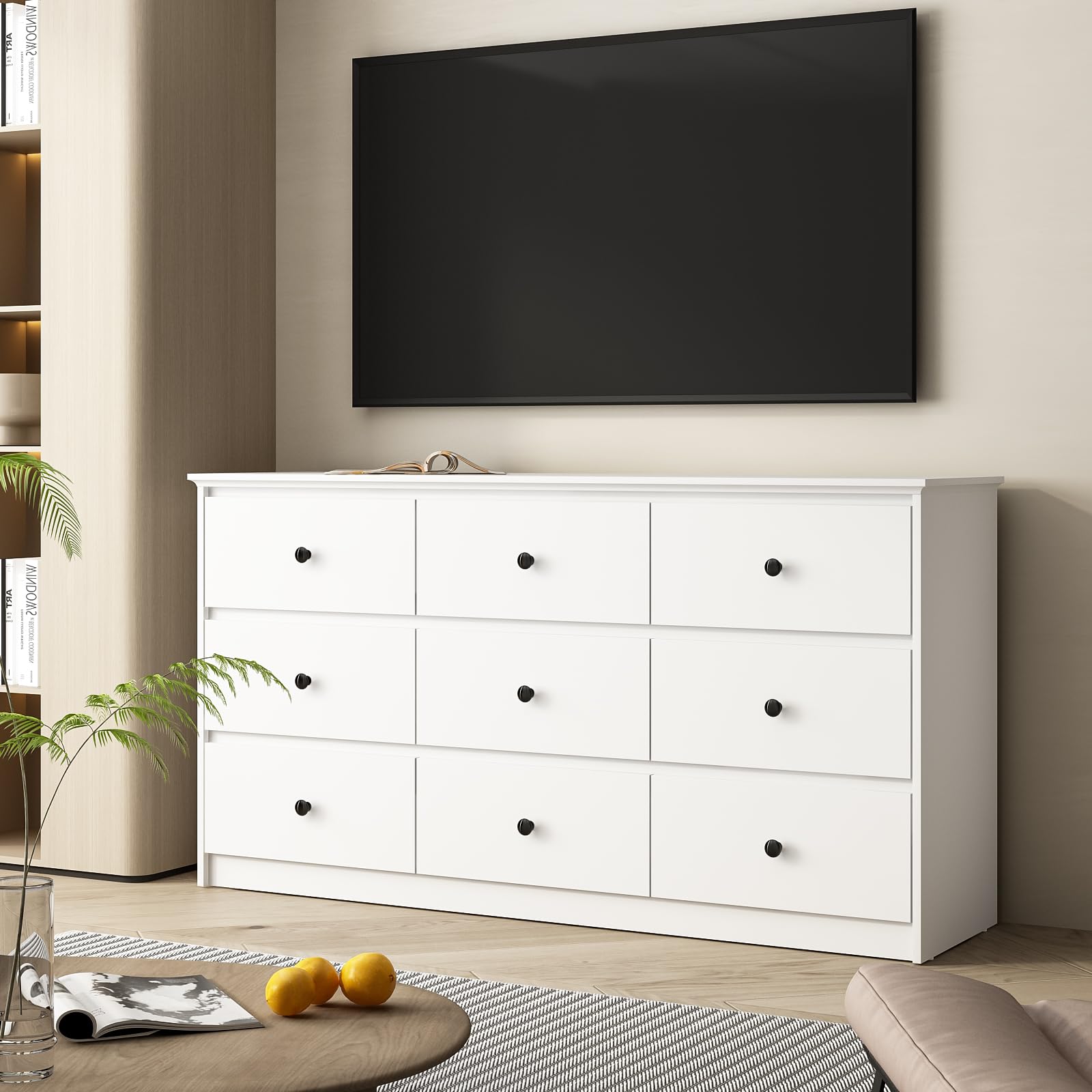 CARPETNAL 9 Drawer White Dresser for Bedroom, Wide Dressers & Chest of Drawers with Large Capacity Storage, Modern Long Dressers for Closet Bedroom, Living Room (59.3" W x 31.9" H x 15.9" D)