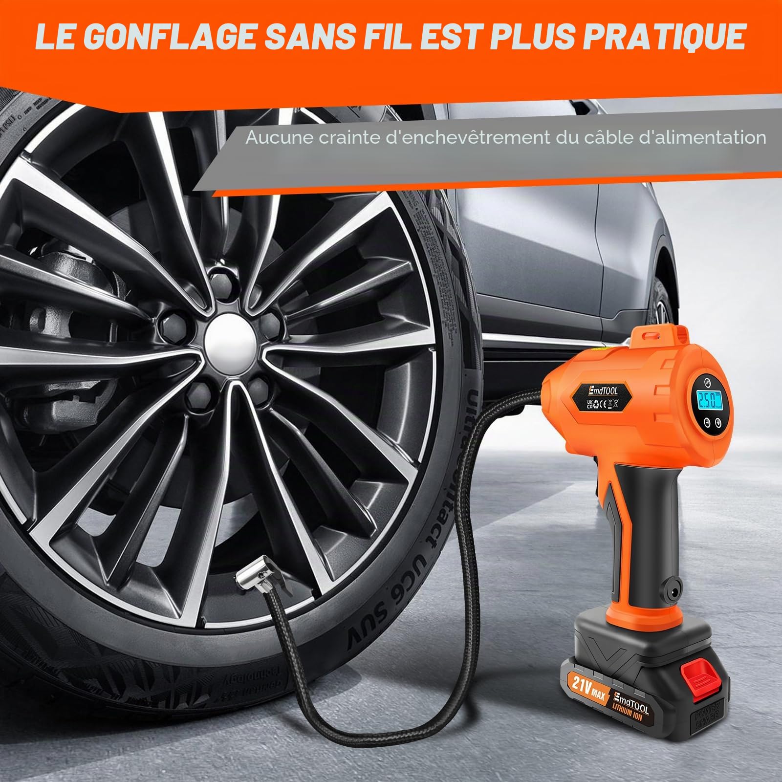 Gonfleur de pneu Compresseur d'air avec batterie 21 V et câble CC 12 V Pompe portable avec manomètre numérique (max. 180 PSI) pour voitures, motos, vélos et ballons