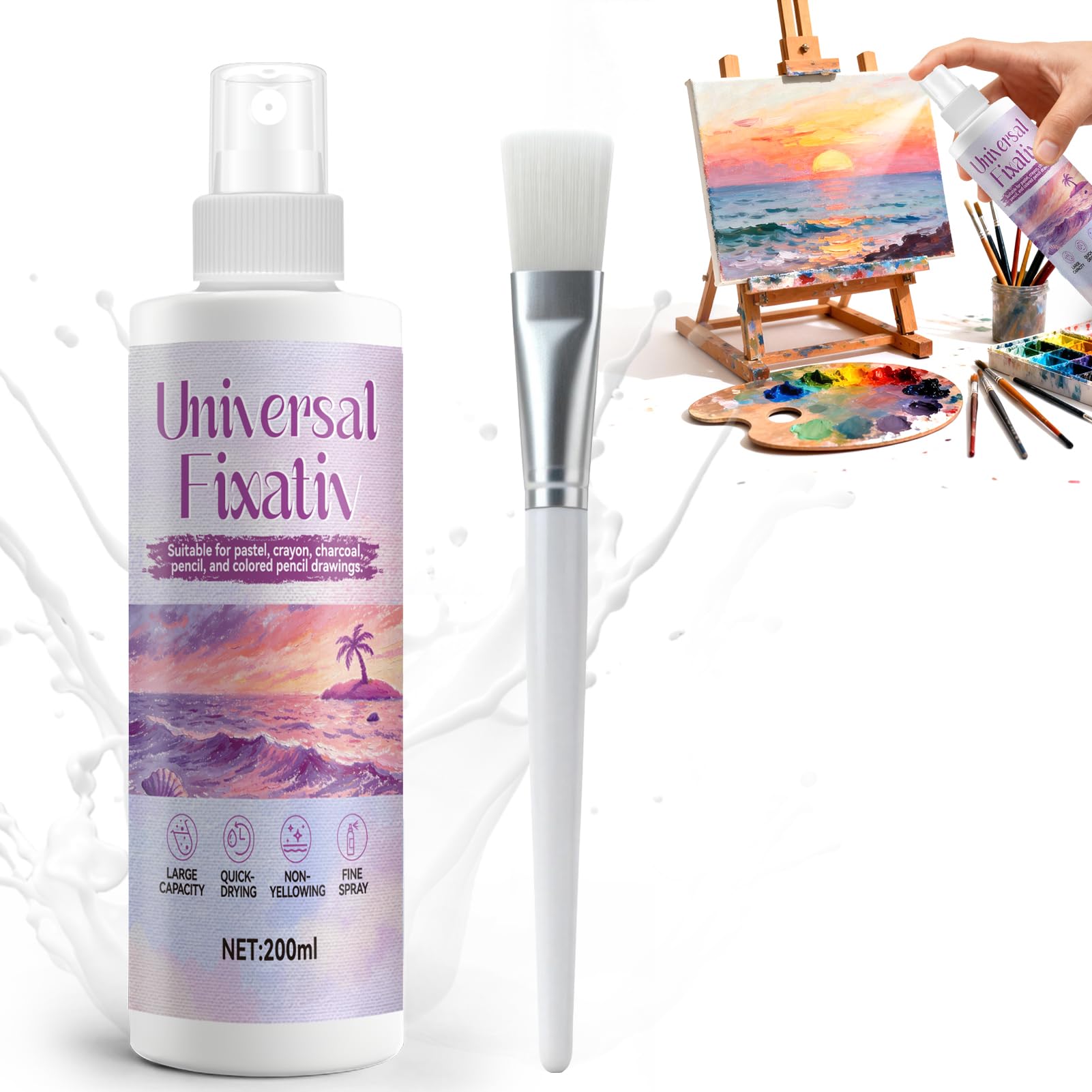 Fixative Spray for Art, Fixative Spray for Pencil, Charcoal and Pastel Drawings, Color Fixing, Suitable for Watercolor, Gouache, Oil, Acrylic, Ink and Pastel Paints, with Brush, 200ml