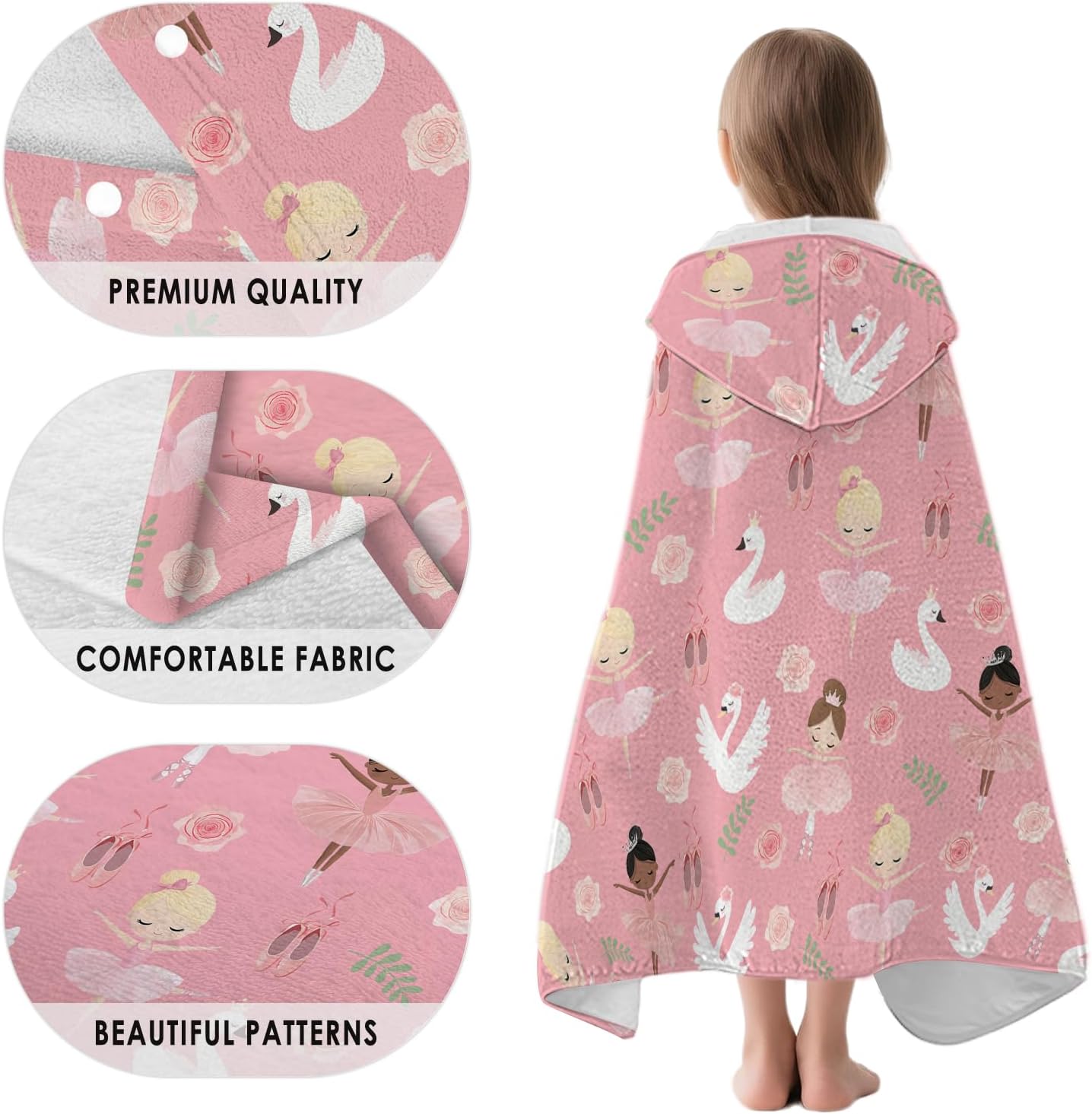 Dance Hooded Beach Towel for Kids, Pink Hooded Towels for Toddlers 30" x 50", Kids Beach Towels for Pool, Travel, Swim, Ballet Wearable Bath Towel for Girls, Toddlers - Image 3
