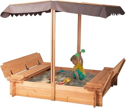 BIRASIL Wood Sandbox with Cover, Sand Box with 2 Bench Seats for Aged 3-8 Years Old, Sand Box for Backyard Garden, Beach Patio Outdoor Natural Wood, 48 Inch