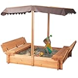 BIRASIL Wood Sandbox with Cover, Sand Box with 2 Bench Seats for Aged 3-8 Years Old, Sand Box for Backyard Garden, Beach Patio Outdoor (Natural Wood, 48 Inch)