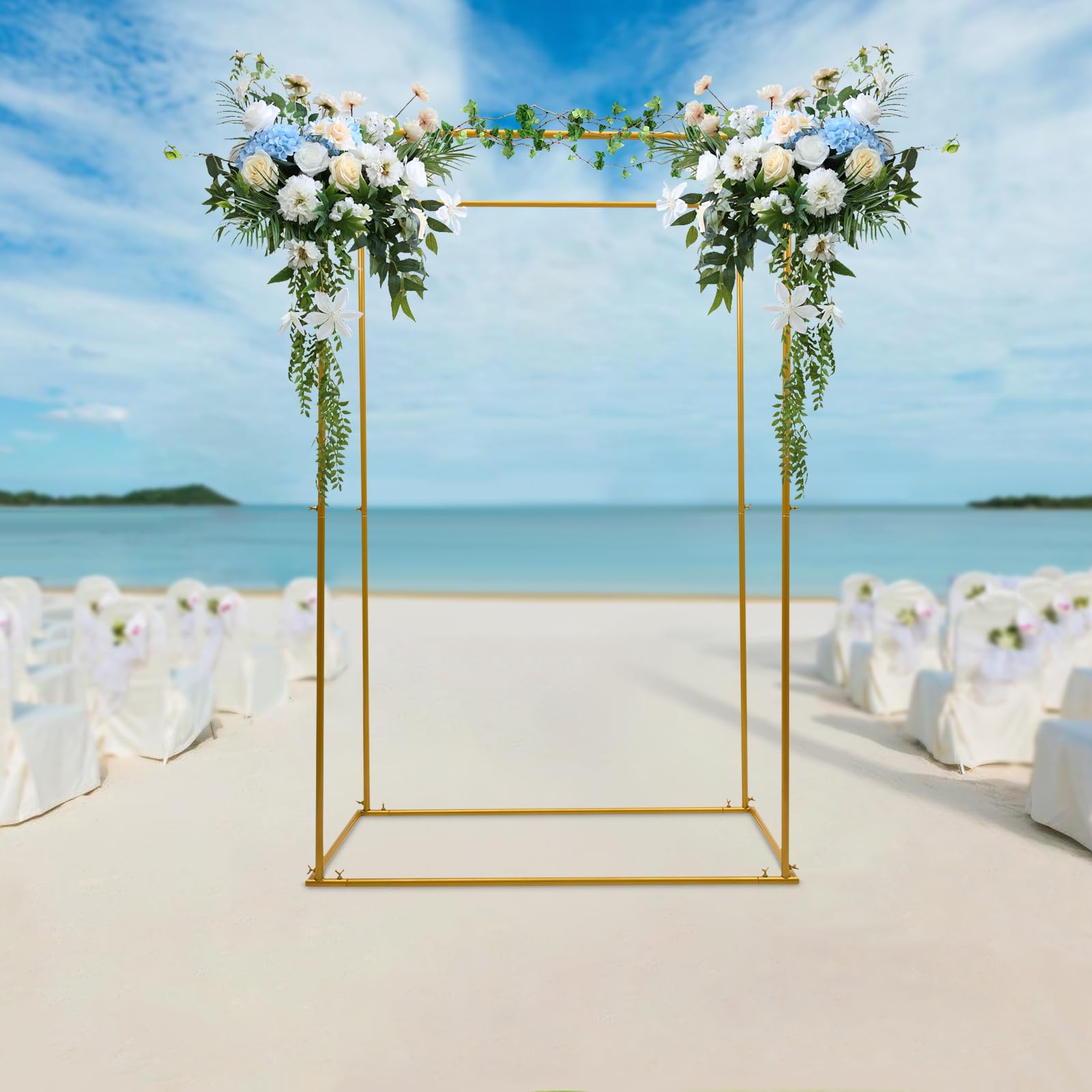 Kwadratowy złoty łuk weselny, 114 x 60 x 180 cm, metalowy łuk, stojak na tło z motywem kwiatowym, na urodziny, wesele, baby shower, wieczór panieński