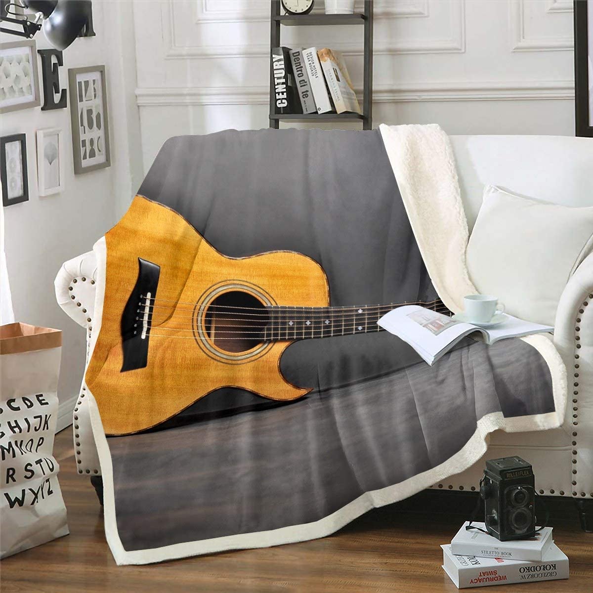 Feelyou Guitar Fleece Blankets for Kids Adults Rock Music Theme Plush Blankets and Throws 3D Guitar Print Blanket Musical Sherpa Blanket 50" x 60"
