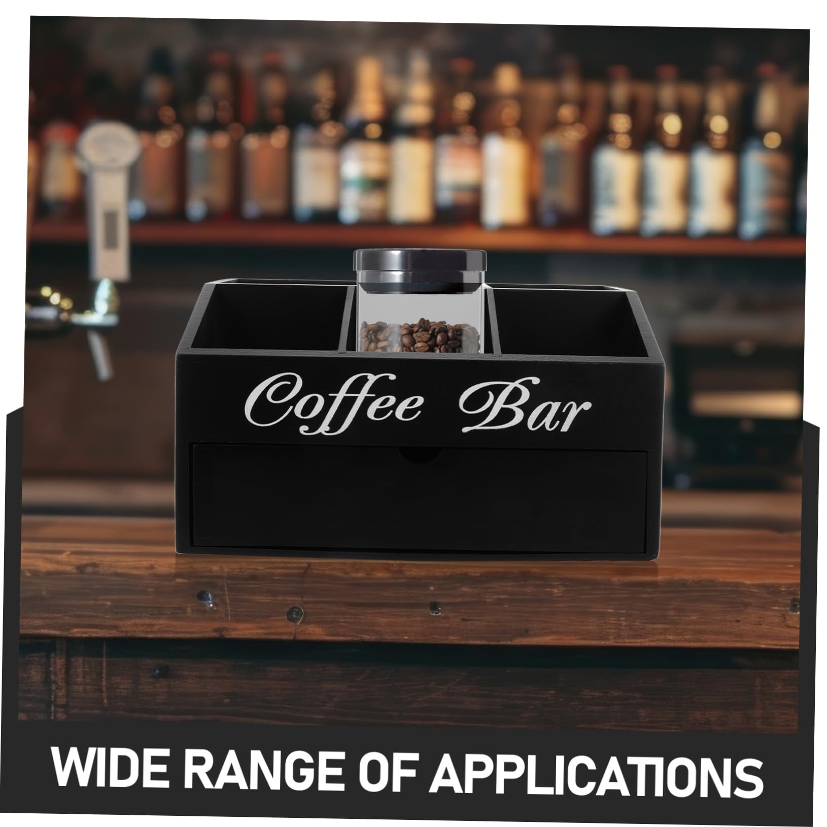 Caja Organizadora de Barra de Café de Madera Negra | Diseño de Compartimentos, para Sobres de Azúcar, Pajitas y Servilletas, Uso en Encimera