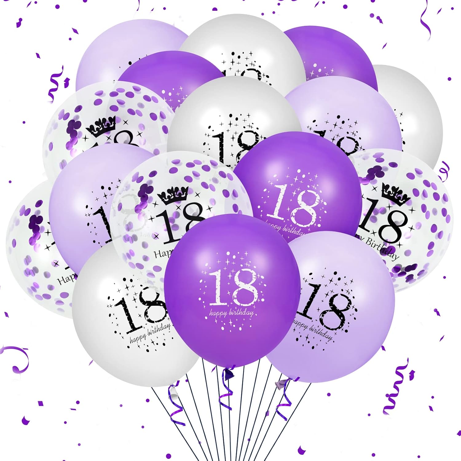 18th Purple Birthday Balloons Decorations, 16 PCS Purple White Confetti Latex