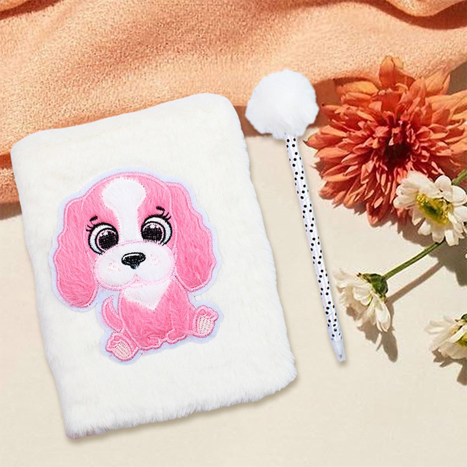 Carnet Peluche Cahier Agenda Carnet de Notes Couverture Douce Peluche Yeux Mobiles Brodés Écriture Lisse Stylo Adapté pour Maison École Cadeau Enfant, Chiot Blanc