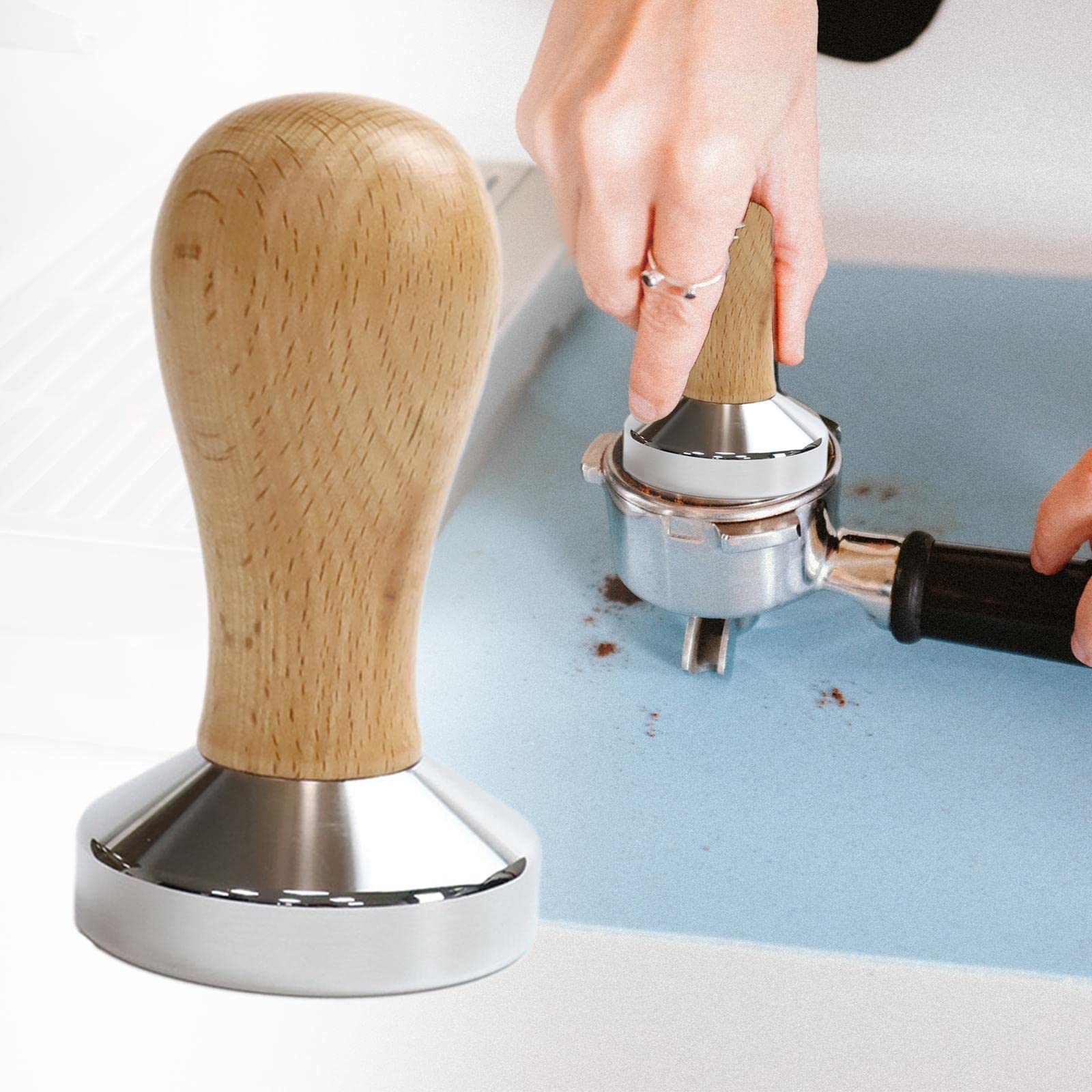 Pressacaffè in Acciaio Inox con Manico in Legno per Una Pressatura Uniforme Del Caffè Macinato per Macchina Espresso con Base Solida E Antiscivolo Ute, 5 pezzi
