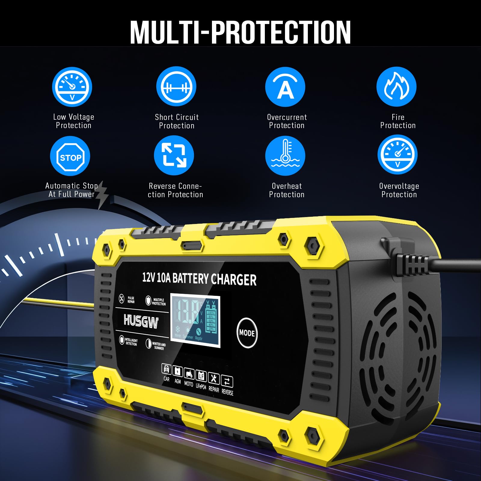 Chargeur Batterie Lithium 12V10A, Maintien de Charge Batterie Voiture avec Réparation Auto, LiFePO4 Battery Charger Intelligent avec Écran LCD, pour Voiture/Moto/Camion/AGM/Gel/Wet/SLA