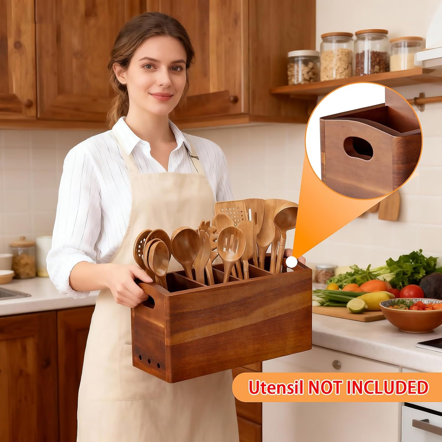 Natural Acacia Wood Utensil Holder for Kitchen Counter (X-Large), 4 Compartment with Removable Dividers 15.7"x7.2"x5.04", Extra Large Cooking Utensil Organizer - Anti-Scratch Bottom