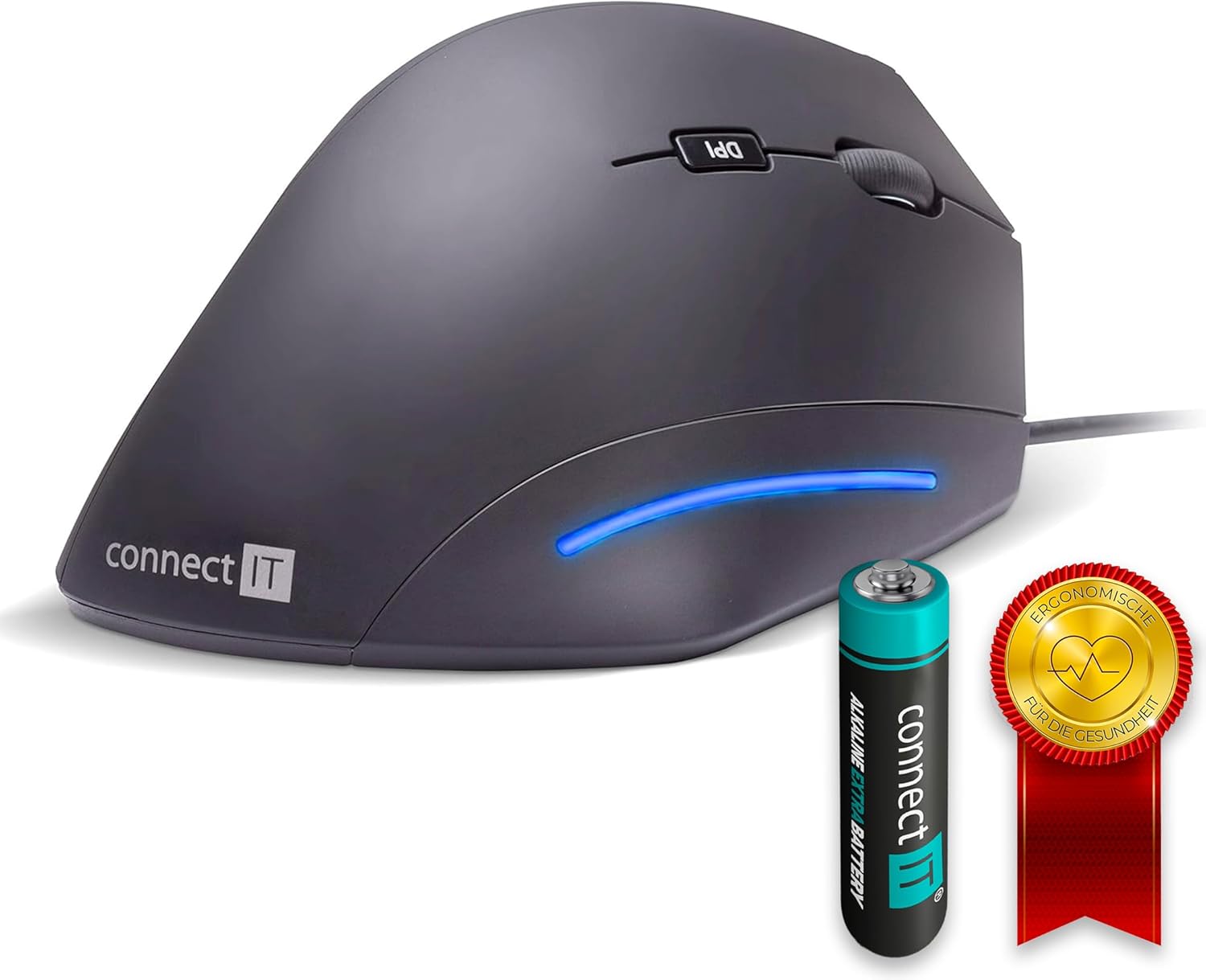 CONNECT IT Wired Ergonomic Mouse DPI 1600, 6 Buttons, Prevention of Mouse Arm/Tennis Elbow, Especially Gentle on The Arms, PC Office Mouse, Ergonomic, Black