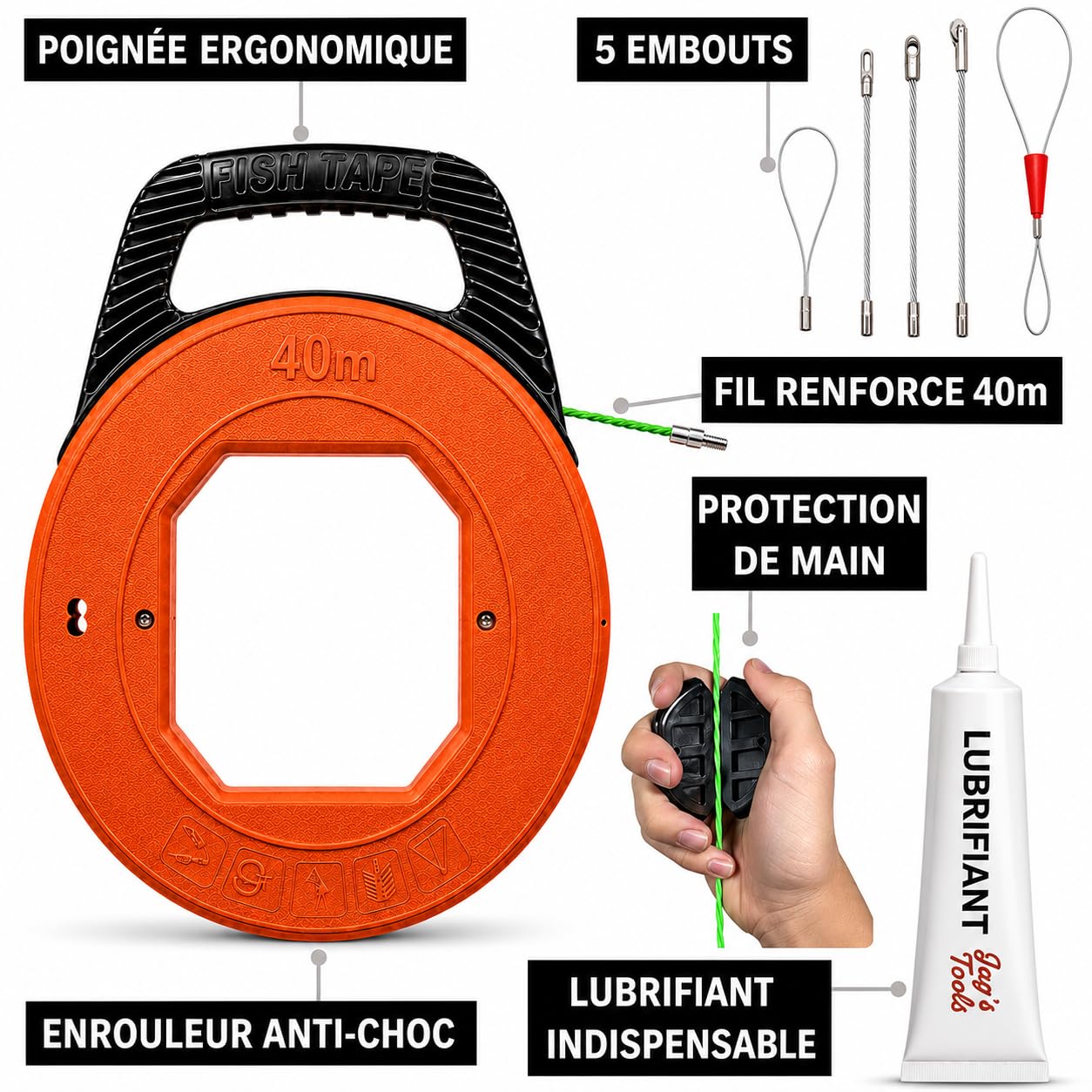 Jag's Tools Aiguille Tire-Fil Électricien 40m avec Gel Lubrifiant