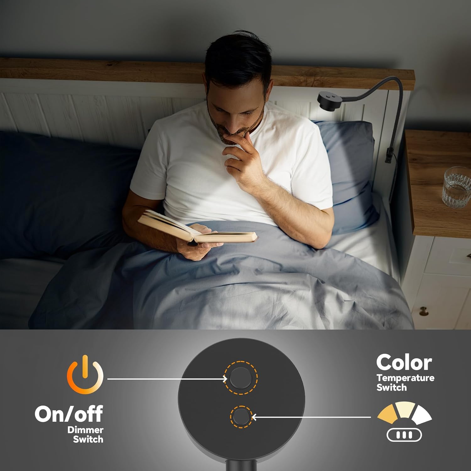 Wall/Headboard Mounted Reading Light, Minimalist Bedside LED Reading Lamp, CRI 95+ Dimmable Book Light, Dual Switches (Brightness & 3 Color Temp), 300° Rotatable Head, USB-C Powered