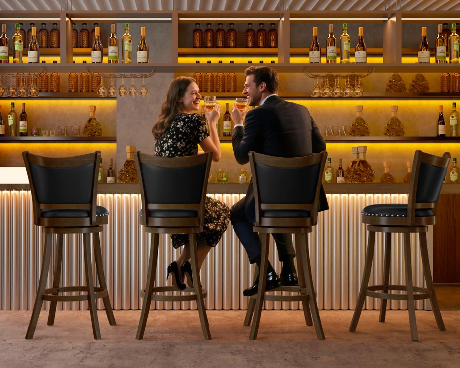 PrimeZone Swivel Bar Stools Set of 4-30 Inch Bar Height Stools with Black Faux Leather Padded & High Back, Solid Rubber Wood Frame & Footrest, Nailhead Trim, Barstool for Pub, Kitchen Island