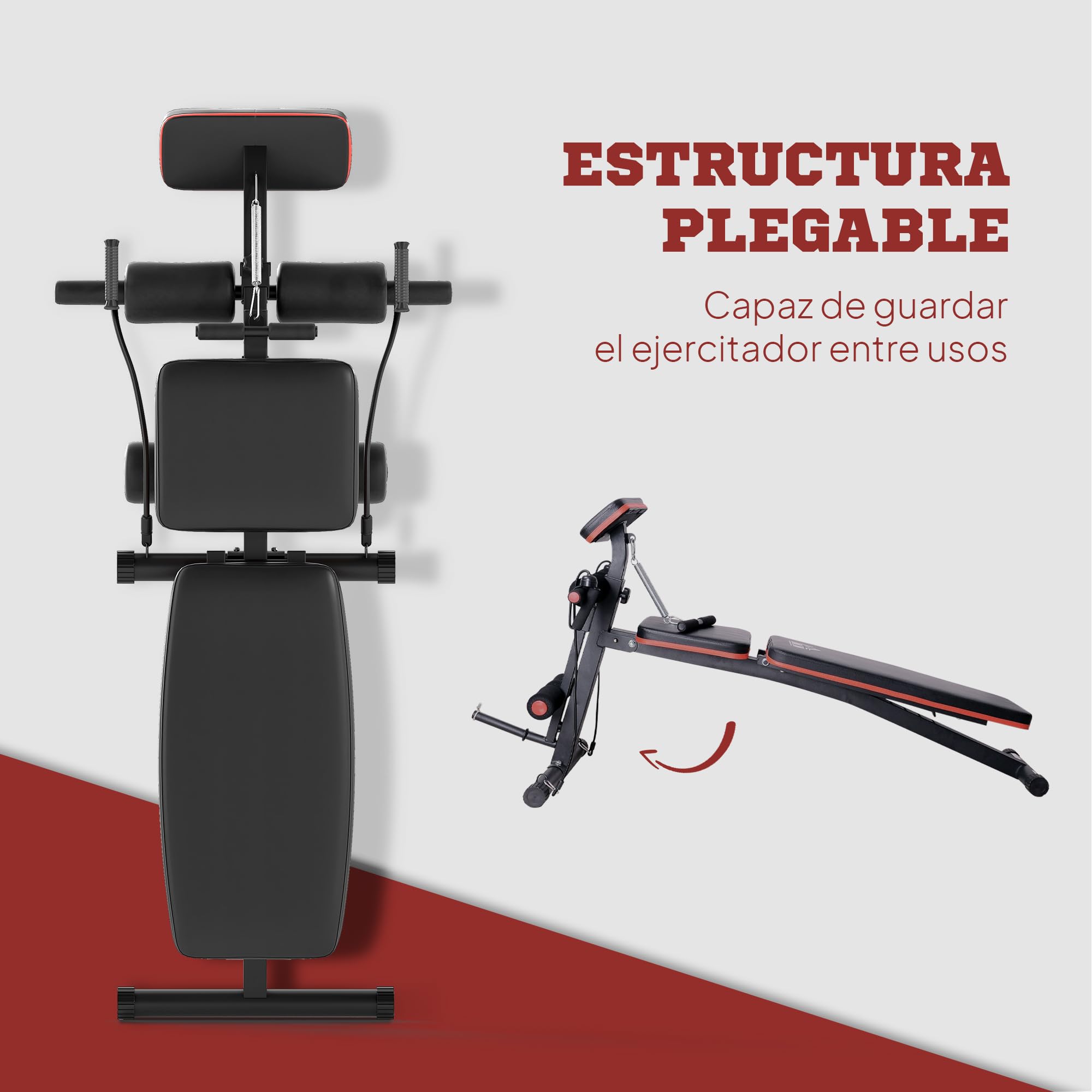 HOMCOM Banco de Musculación Plegable, Banco de Pesas, Respaldo Inclinable de 7 Niveles, Extensión de Pierna, Cojín de Predicador, Banda de Resistencia, para Entrenamiento Completo, Casa Gimnasio