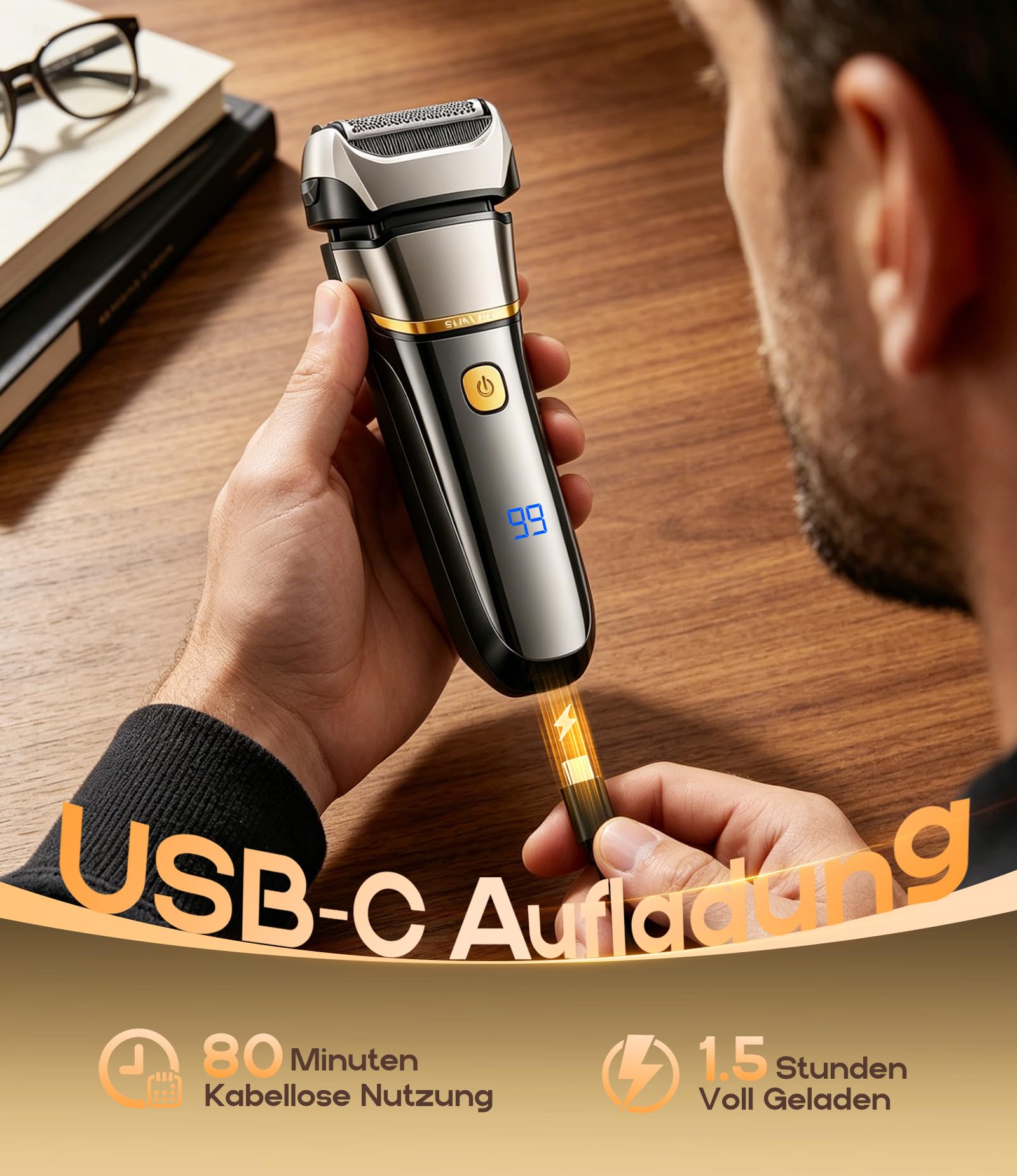 Rasierer Herren Elektrisch, 2-in-1 Elektrorasierer Herren Folienrasierer, 80Min Akku & Reise-Lock, USB-C, IPX7 Wasserdicht, Ultradünne Folie, Präzisionstrimmer, Hochfrequenz-Vibration für Glatte Haut