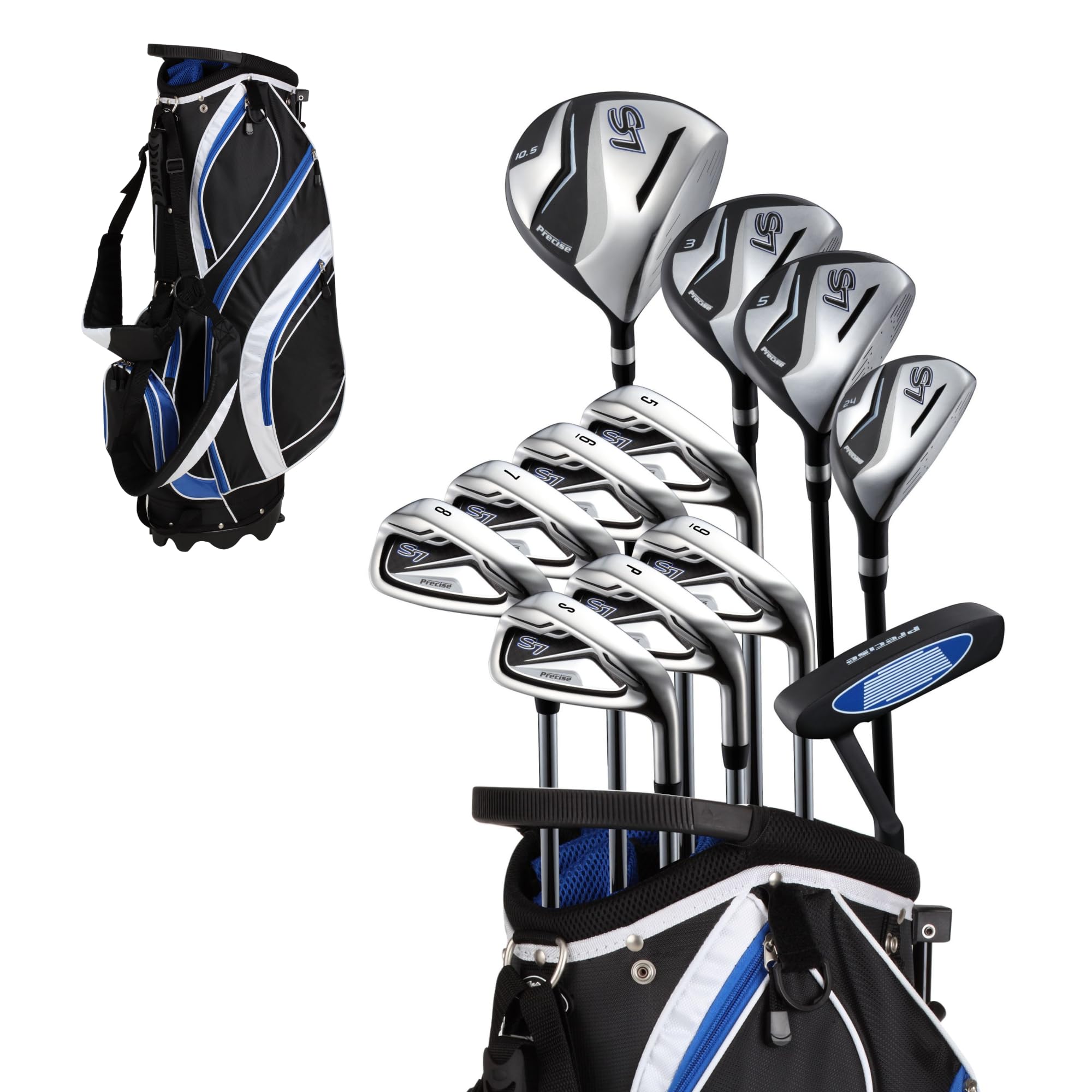 18 Piece Men's Complete Golf Club Package Set With Titanium Driver, 3 & #5 Fairway Woods, 4 Hybrid, 5-SW Irons, Putter, Stand Bag, 4 H/C's - Choose Color & Size Tall Size +1" for 6'1" and above! blue