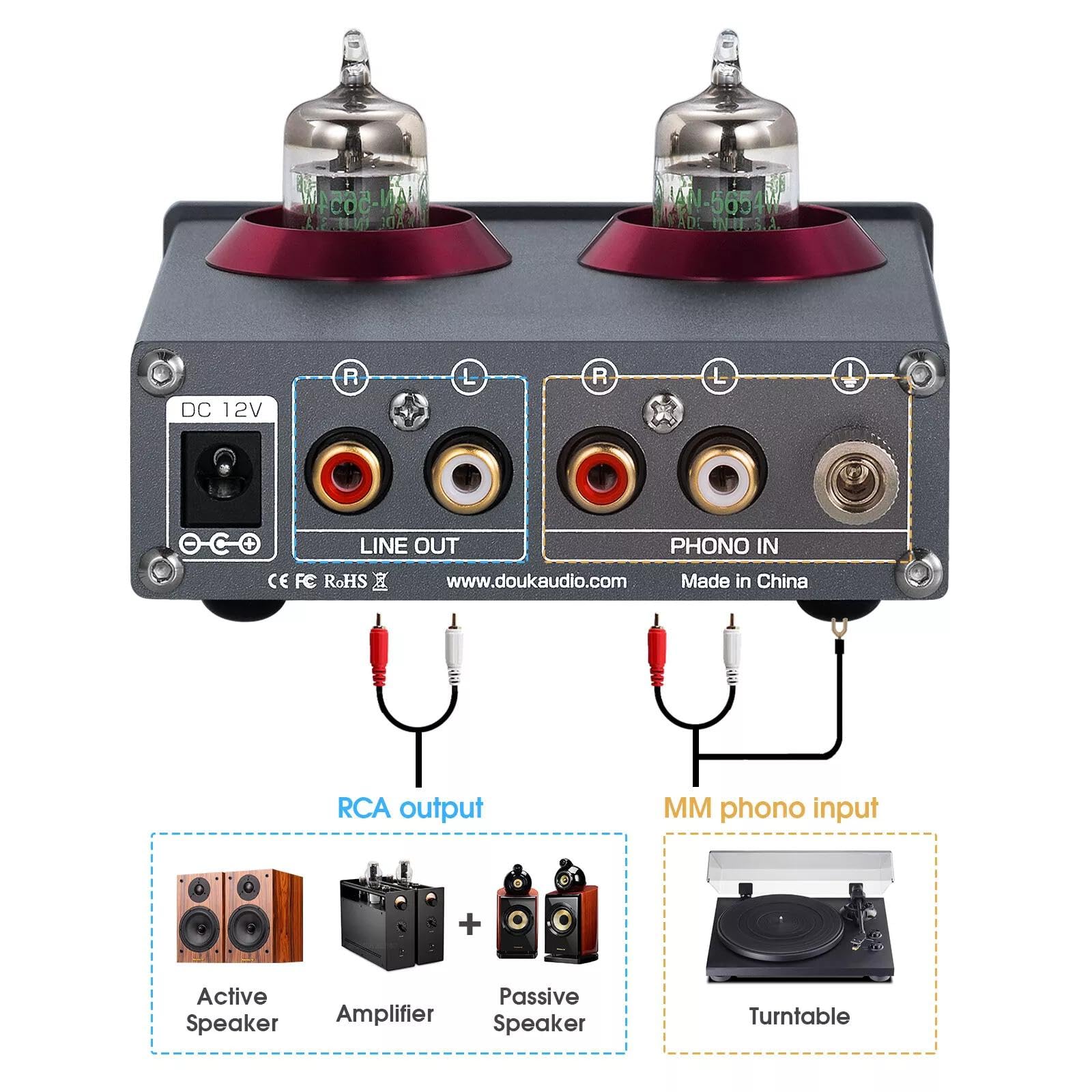 Douk Audio Mini 5654 Tubo di Vuoto Preamplificatore Phono Home Stereo Audio Preamplificatore Cuffia Amp (T4 PRO)