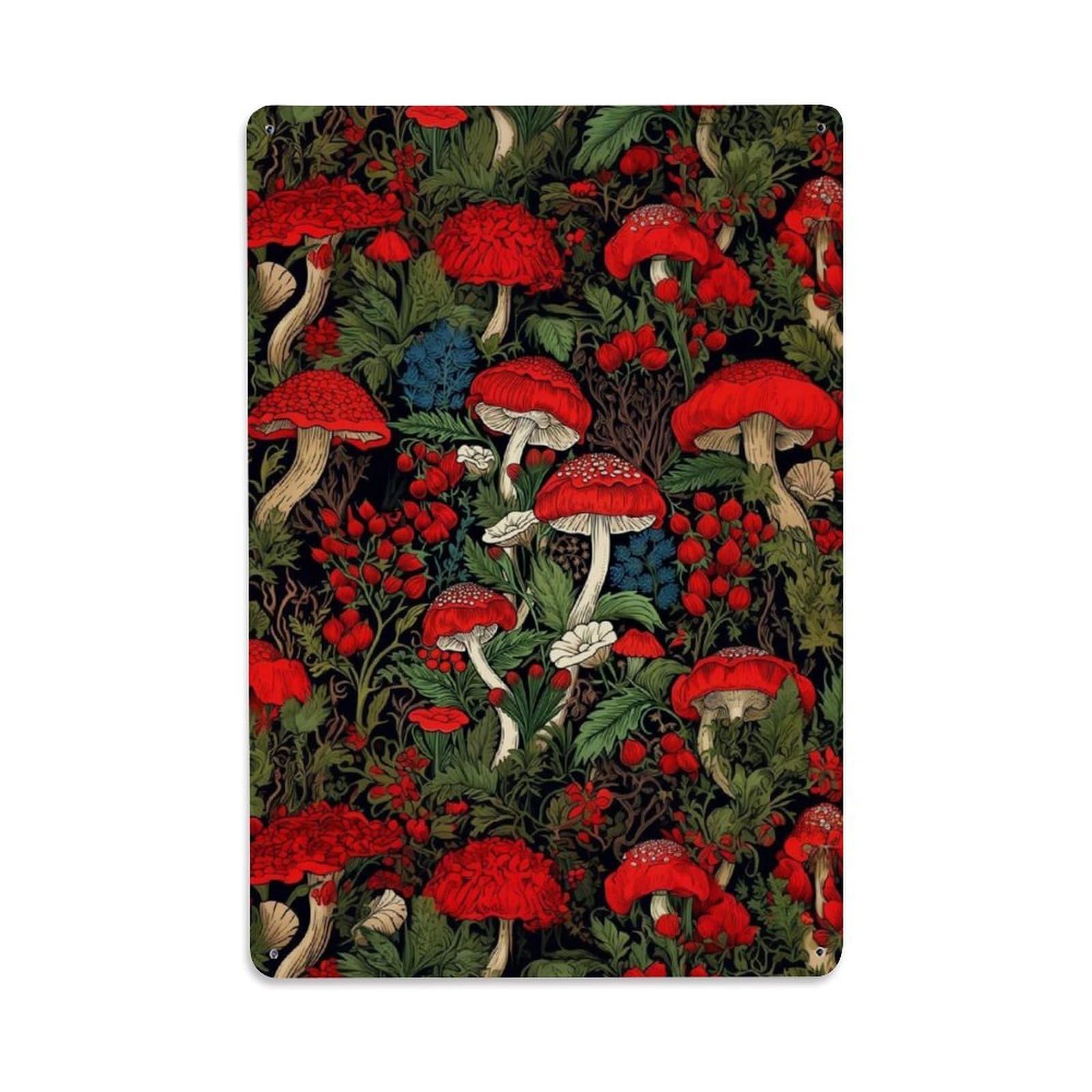 Fungi Red Nature Garden Forest Mushroom Botanical Heritage Metal Tin Sign Plaque Wall Decor for Cafe, Man Cave, Club Bar, Office, Home Garden Round Metal Poster 8x12Inch
