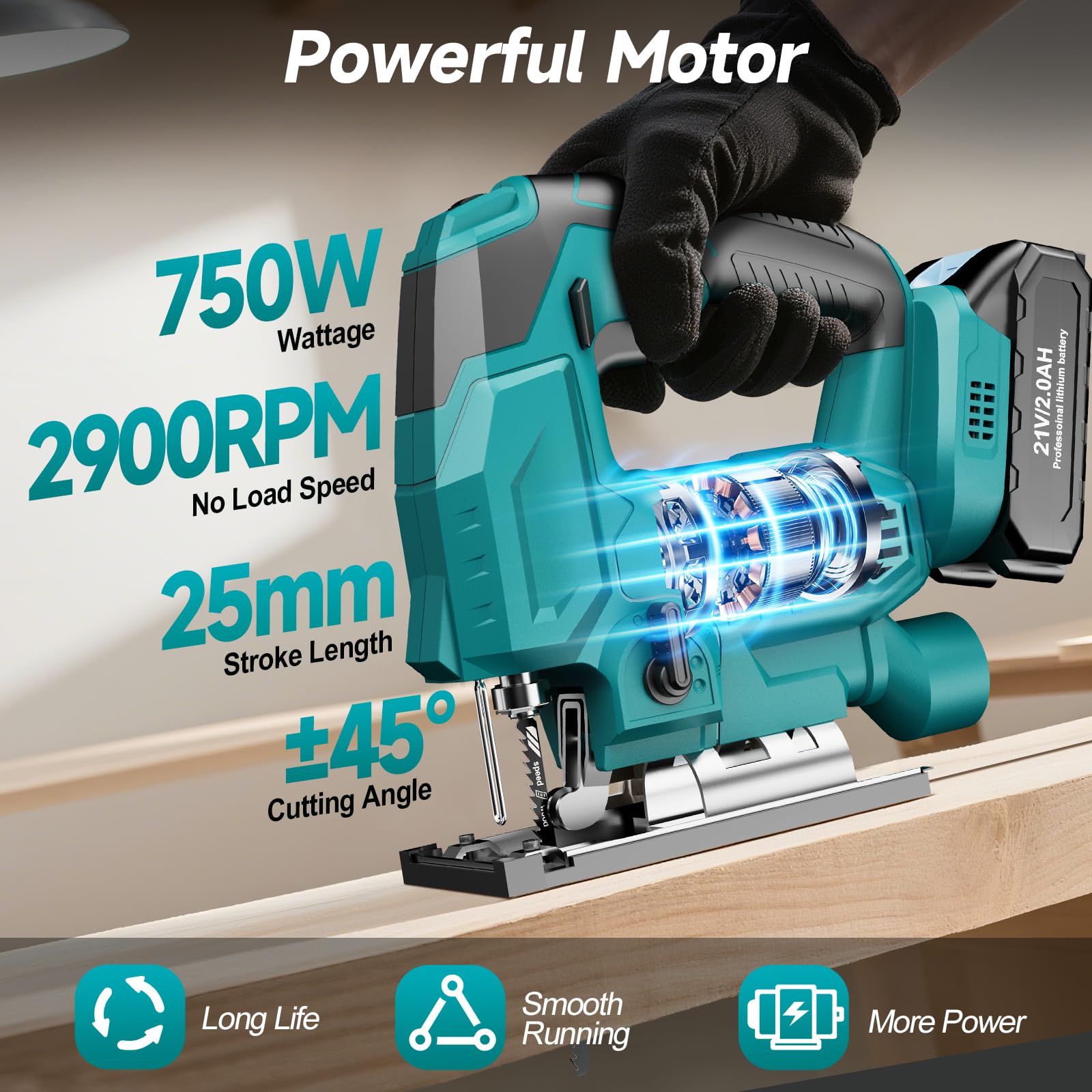 Akku Stichsäge Kompatibel mit Makita 18V Batterie, Elektro Stichsägen für ±45°Gehrungsschnitt 2900RPM mit 3 Pendelhub Einstellungen, 6 Sägeblätter für Holz/Metall/PVC, 2×2.0Ah Akkus